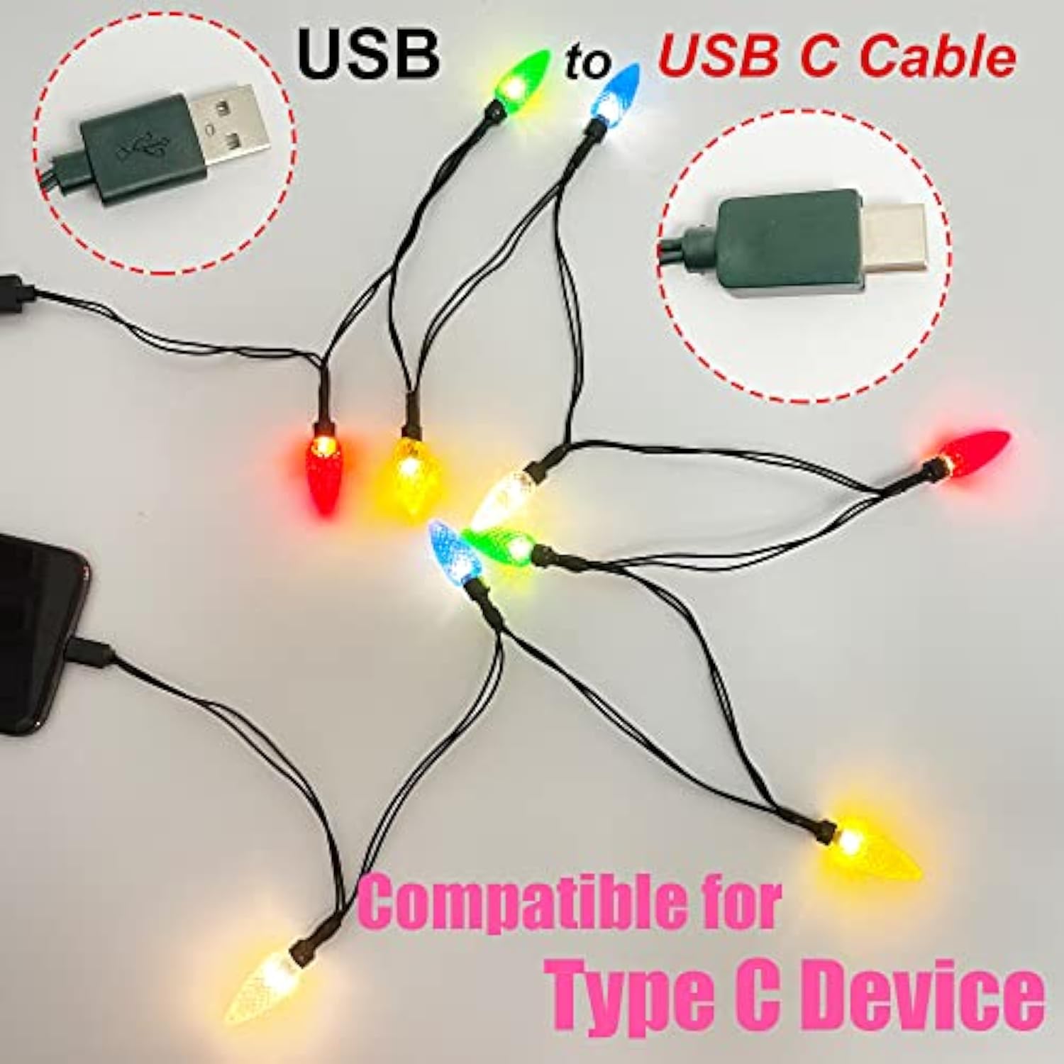 Led Christmas Lights Usb C Cable, Usb To Type C Charging Cable, 50-Inch 10Led