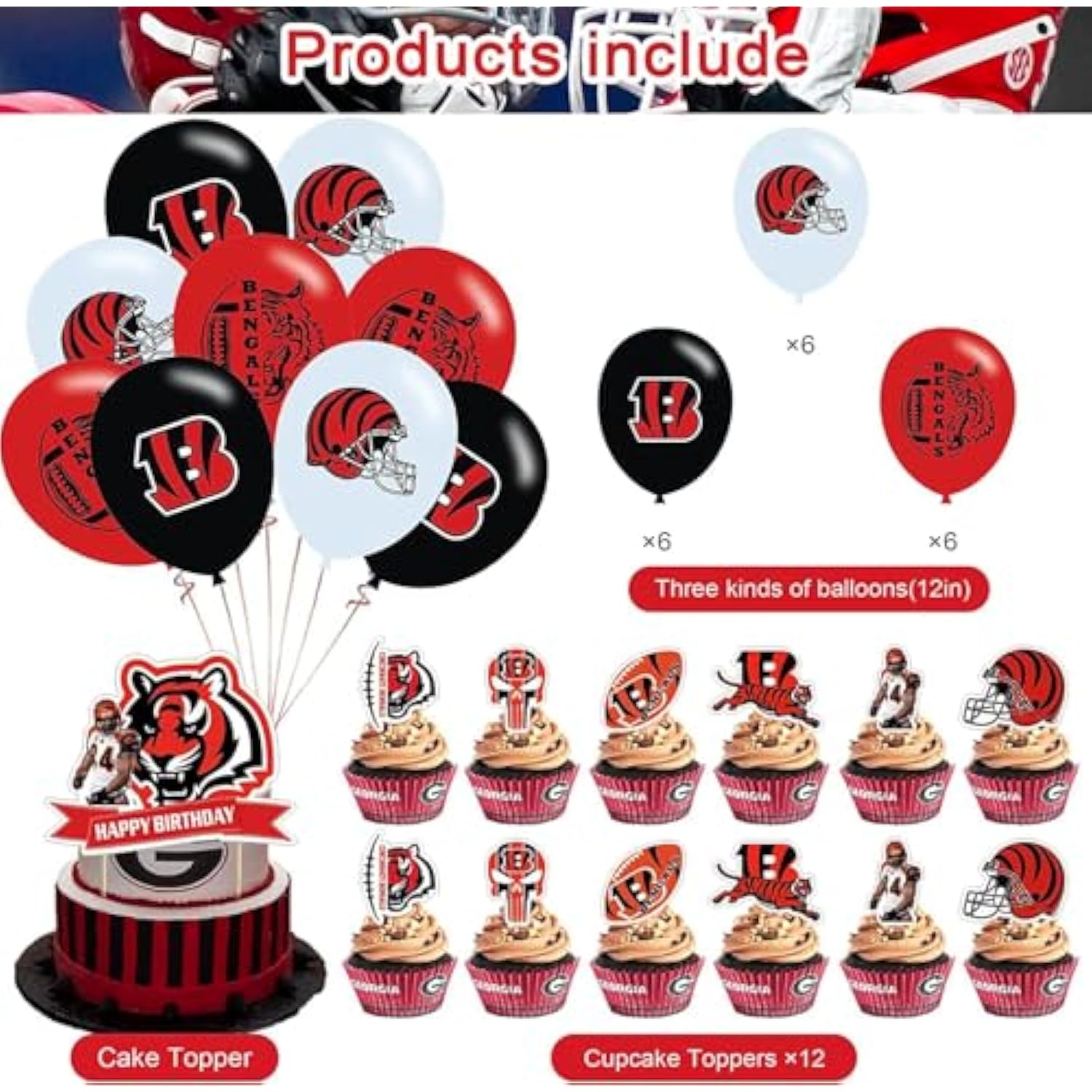 Cincinnati Bengals Party Pack: Banner, Cake Topper, Cupcake Toppers & Balloons