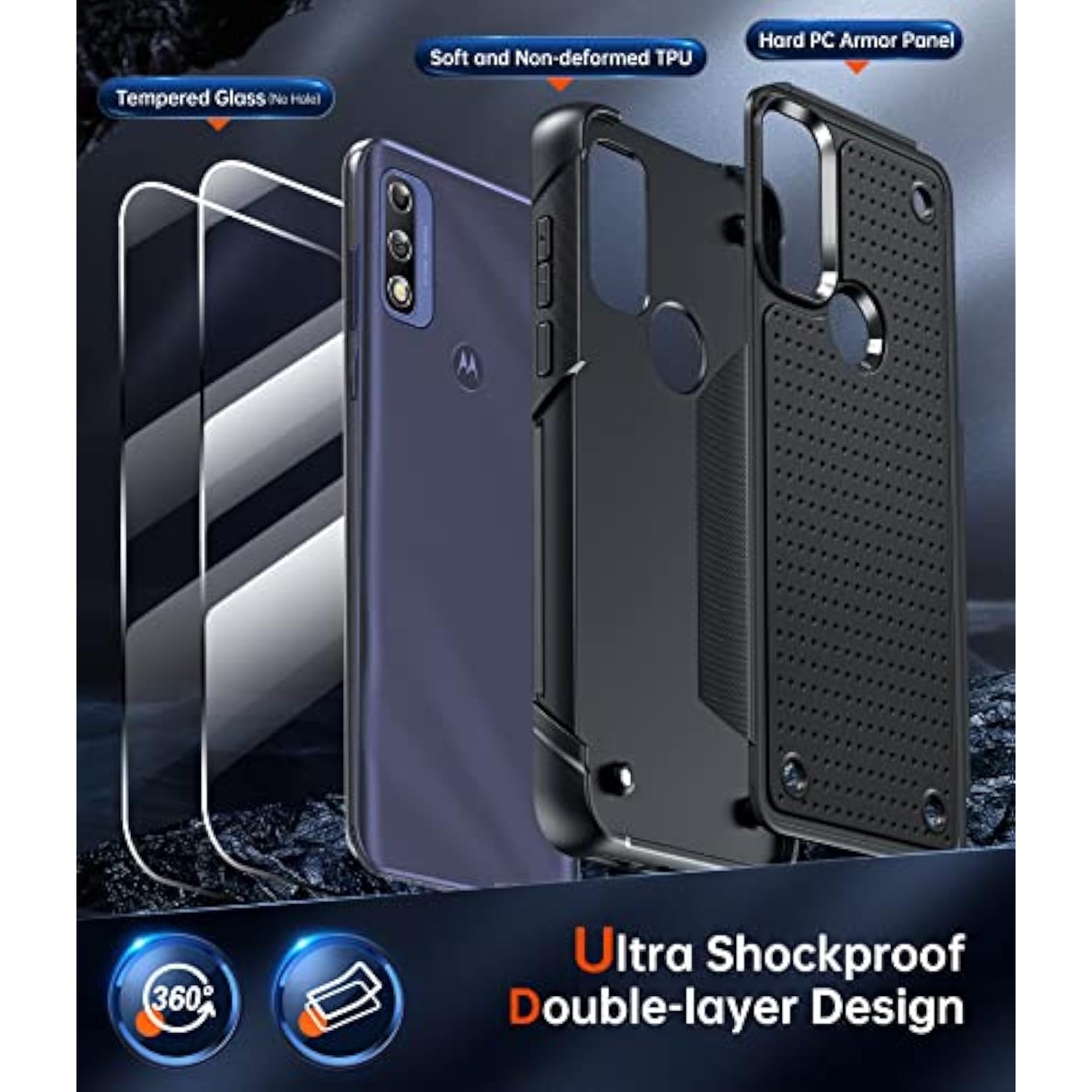 For Moto G Power 2022 Case, Motorola G Play 2023/ Moto G Pure Phone Case With [2 Pack] Screen Protectors, Shockproof Protective Hard Pc Textured Back & Soft Bumper Case For Motorola G Pure, Black