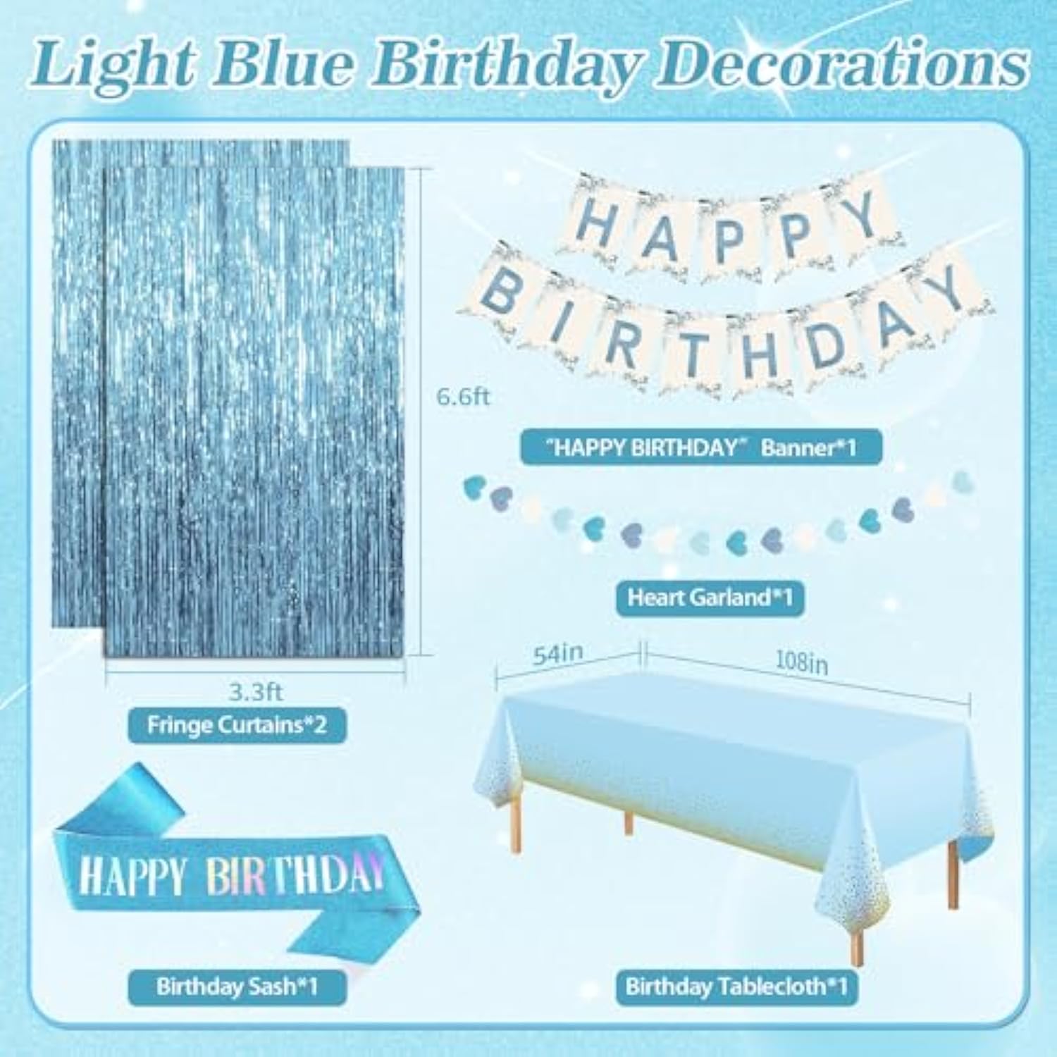 Blue Birthday Decorations, Blue Party Decor With Dusty Baby Blue Gold Balloons Happy Birthday Banner Birthday Sash Tablecloth Fringe Curtain Light Blue Bday Decorations For Baby Boys Girl Men Women
