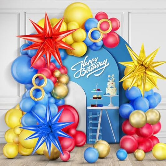 Red Blue Yellow Balloon Arch Kit, Balloons Garland Kit With Explosion Star Foil Balloons For Cartoon Hedgehog Carnival Circus Theme Birthday Party Baby Shower Decorations