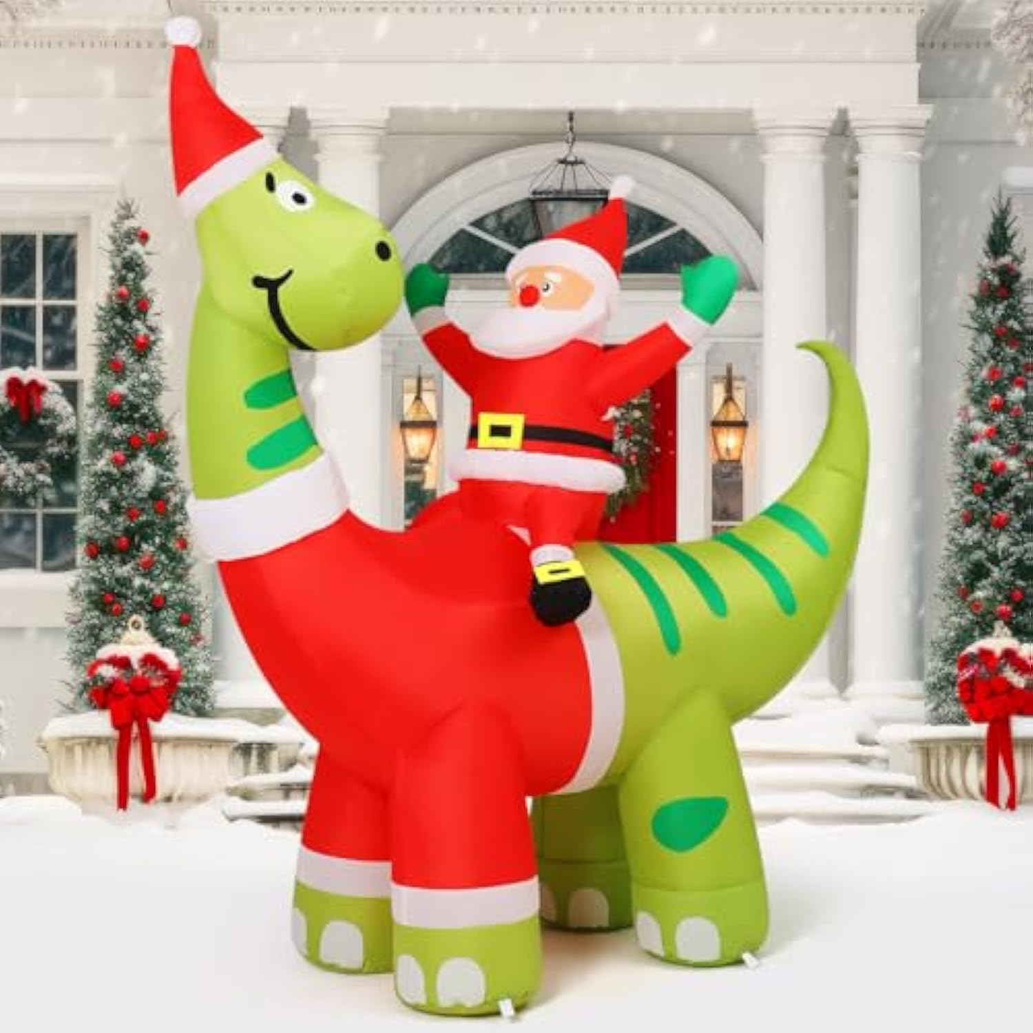 6Ft Christmas Inflatables Outdoor Decorations, Blow Up Santa Claus Riding A Dinosaur Inflatable With Built-In Leds For C