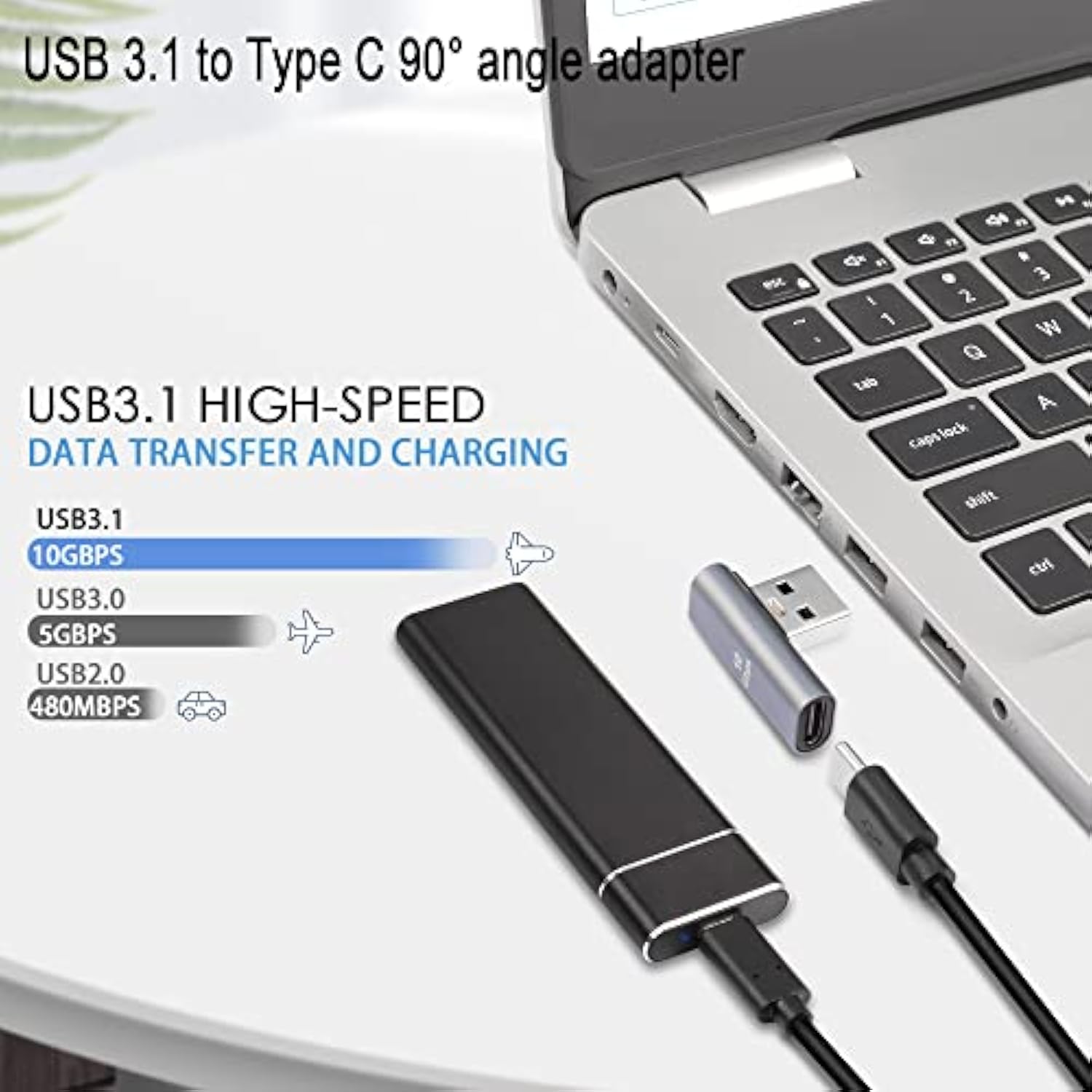 90° Angle Usb C To Usb Adapter 10Gbps Usb 3.1 Male To Usb C Female Left Angle