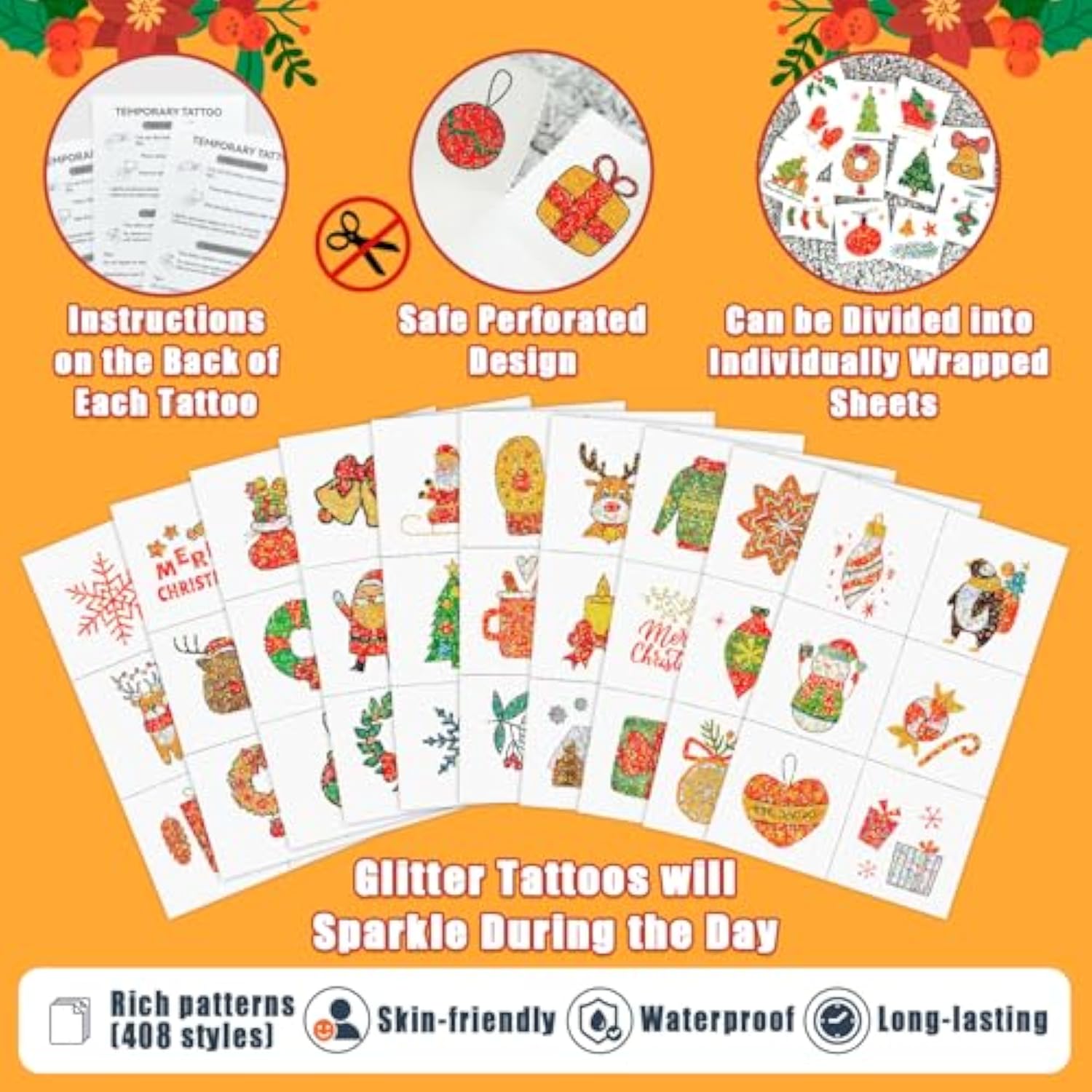 Glitter Kids Tattoos For Christmas Stocking Stuffers, 408 Styles Merry Christmas Party Decorations, Xmas Holiday Party Supplies, Santa Snowman Snowflakes Goodie Bag Fillers