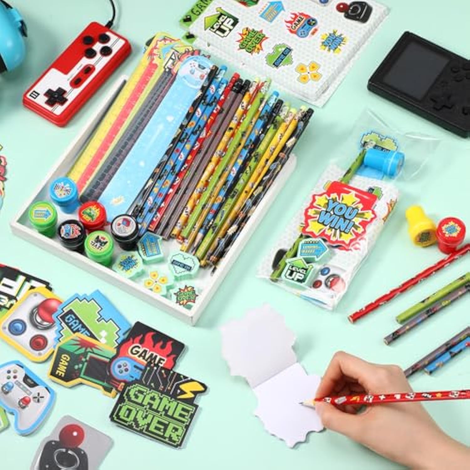 168 Pcs Video Game Party Favors Include Gaming Mini Notebook Gamer Birthday Sticker Pencil Stamper Ruler Eraser For Boy Teen Game Gifts Classroom Rewards Favor Party Supplies Decor(Bright)