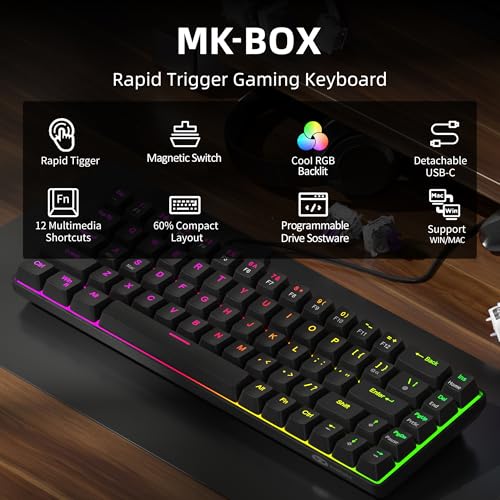 60% Rapid Trigger Gaming Keyboard, Hall Effect Magnetic Switch, Actuation Point Adjustable, Hot Swappable Rgb Backlit Wired Keyboard With Arrow Keys For Win/Pc/Mac, Black