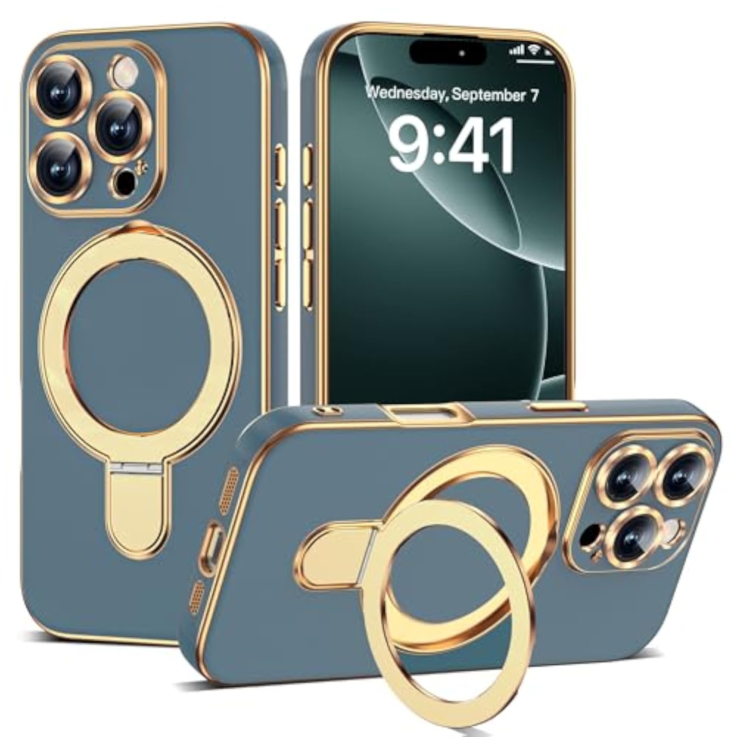 Grey Blue Plating Phone Case for iPhone 16 Pro with 6.3" Stand