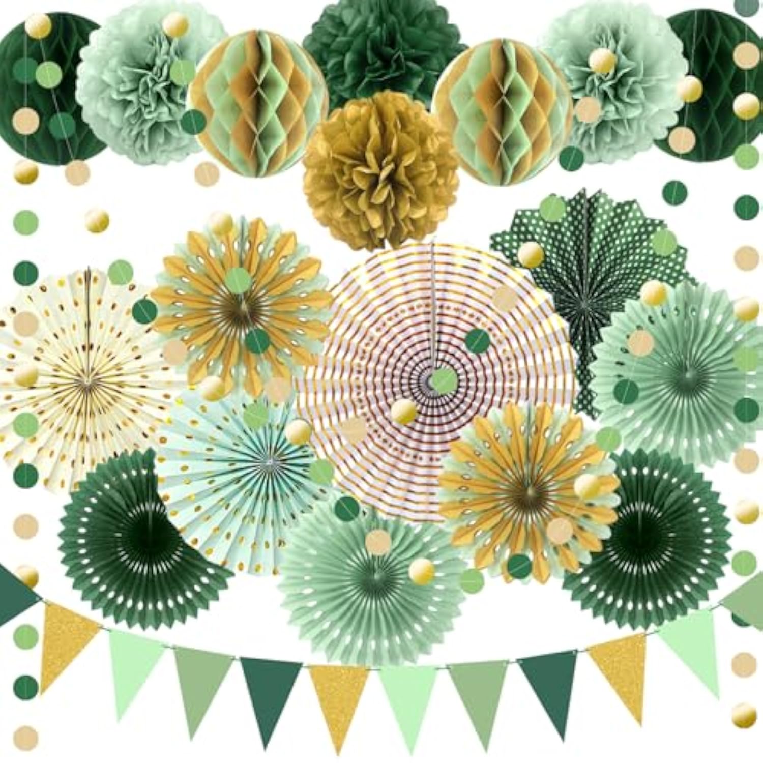 Sage Green Gold Party Decorations, Paper Fans Honeycomb Balls Circle Garlands For Green Theme Birthday Neutral Baby Shower Wedding Graduation Party Decoration Forest Party Supplies