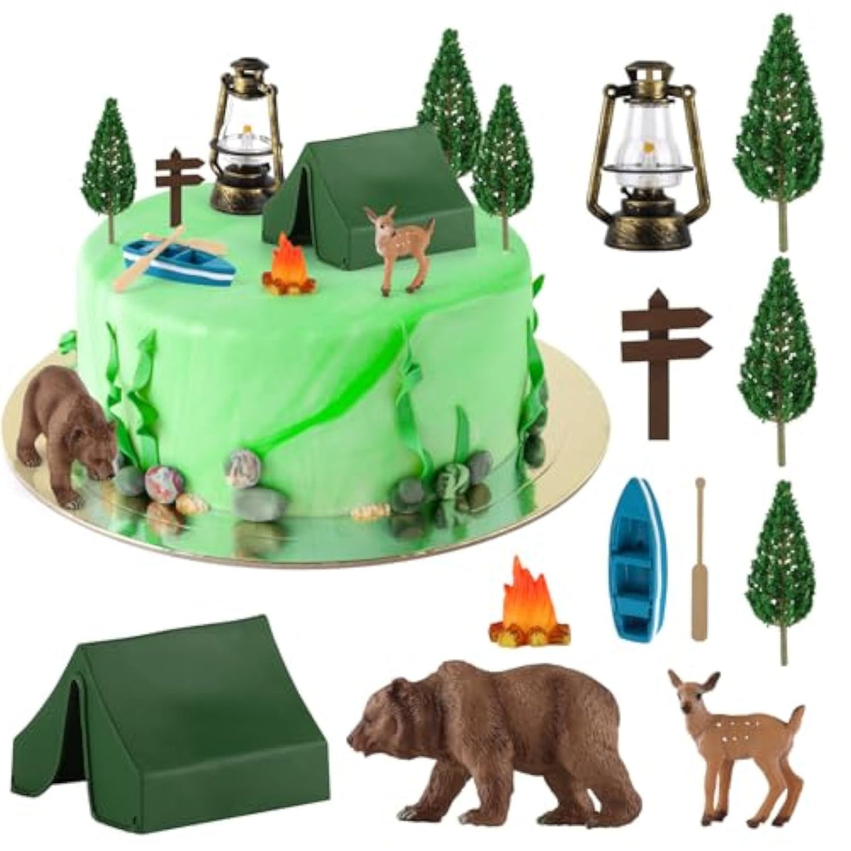12 Pcs Camping Cake Decorations Set With Mini Tent, Campfire, Tree, Camp Sign, Safari Animals Camping Cake Toppers For Kids Adults Forest Themed Birthday Party Supplies