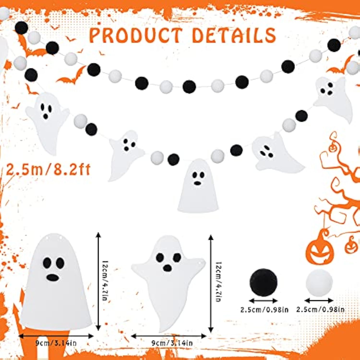 3Pcs 8.2ft Halloween Ghost Pom Pom Ball Garlands Felt Banner Indoor Outdoor Decor