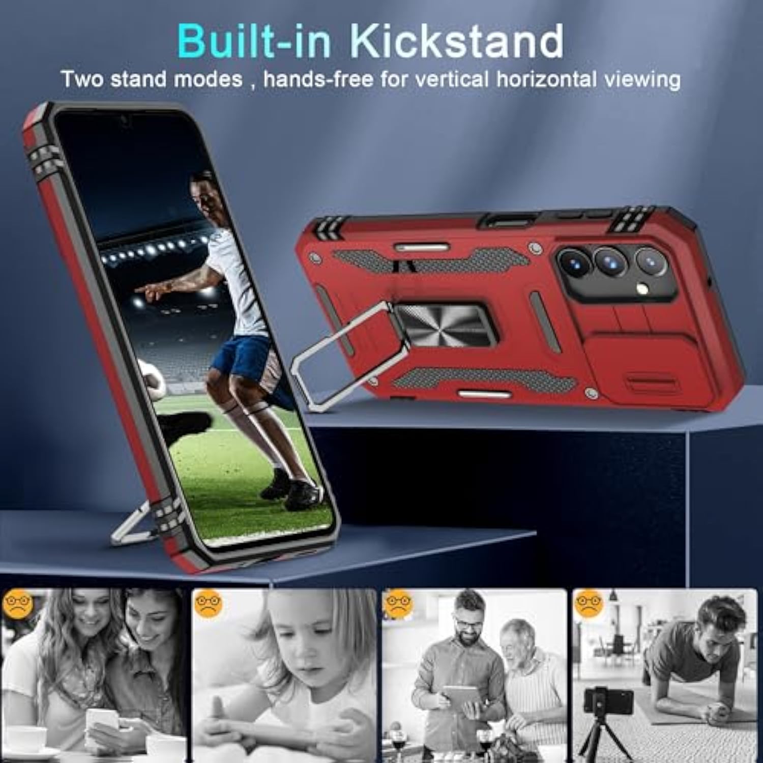 Case For Samsung Galaxy A16 5G With Slide Camera Cover+Screen Protector (1 Pack), Rotated Ring Kickstand Military Grade Shockproof Protective Cover-Red