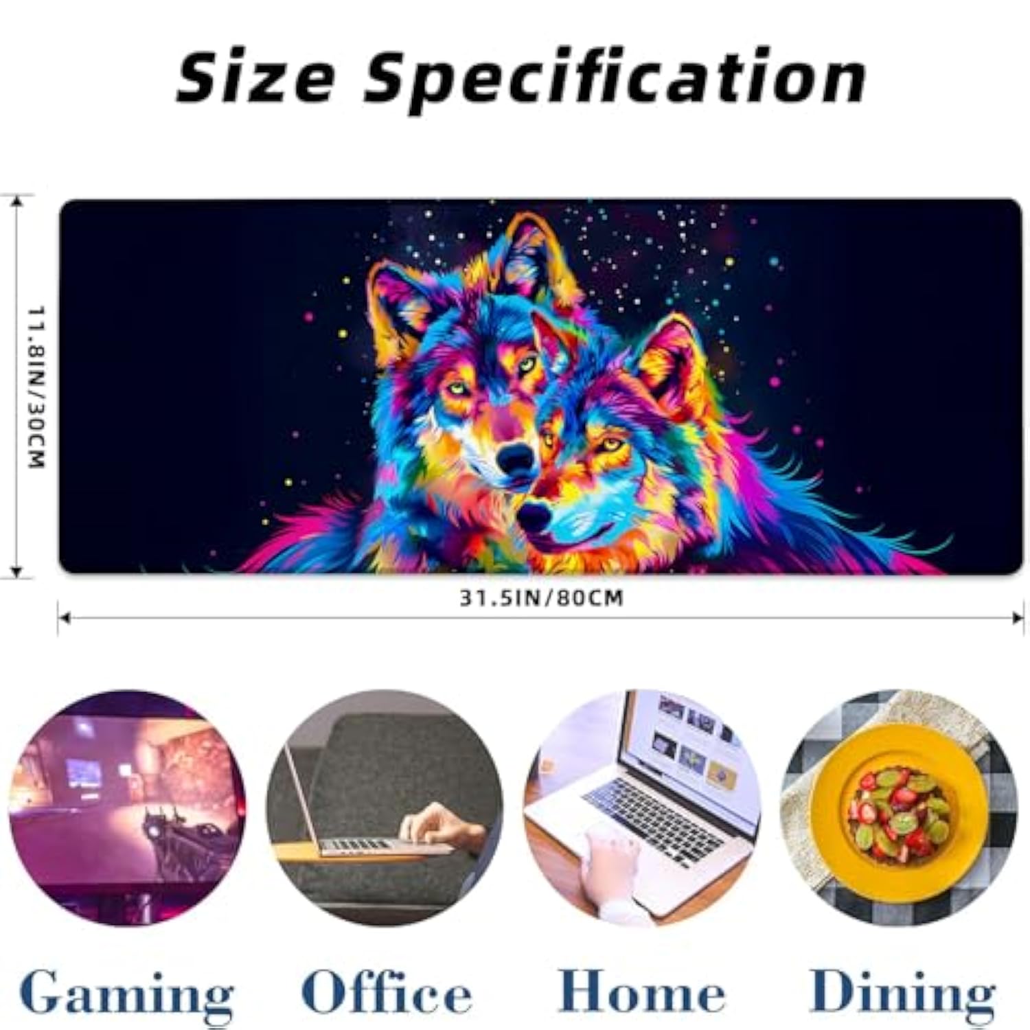 Wolf Gaming Mouse Pad, Colorful And Black Background Mousepads For Gaming Home Office Work, Extended Mats Computer Keyboard Laptop, 31.5×11.8 Inch Large Desk Mat With Non-Slip Rubber Base