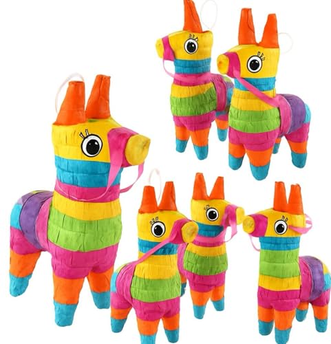 6 Pack Mini Donkey Pinatas 7.5x5.5", Rainbow Party Decoration for Cinco De Mayo, Pinatas for Fiestas, Taco, Llama Birthday, Carnival, Classroom & Table Centerpiece Party Favor