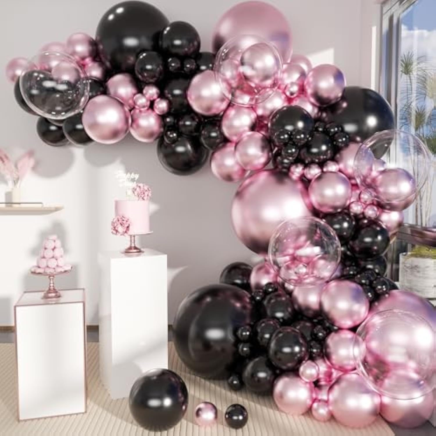 Metallic Pink Black Balloons Arch Kit, 151Pcs Black Chrome Pink And Bobo Balloons Garland 18 12 10 5 Inch For Birthday Wedding Bachelorette Anniversary Halloween Christmas Party Decorations