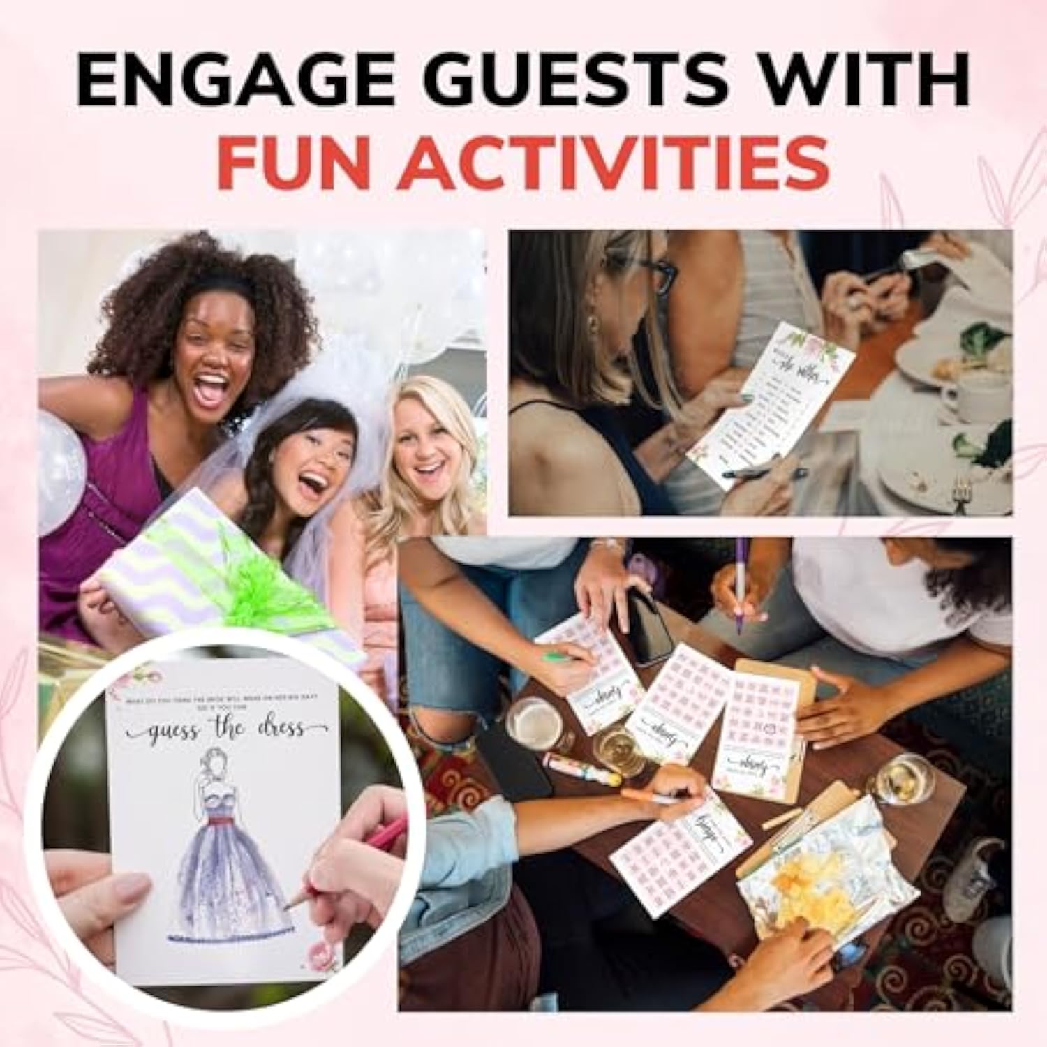 Hilarious Bridal Shower Games 25 Guests - Set Of 4 Wedding Shower Games For Reception, Fun Guess The Dress Bingo Game, Bridal Party Game For Bridal Shower Decorations (5"X7")