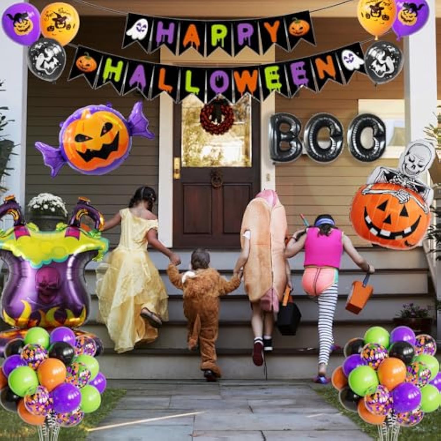 54Pc Halloween Foil Balloons & Banner – Black Orange Purple Green Party Decor