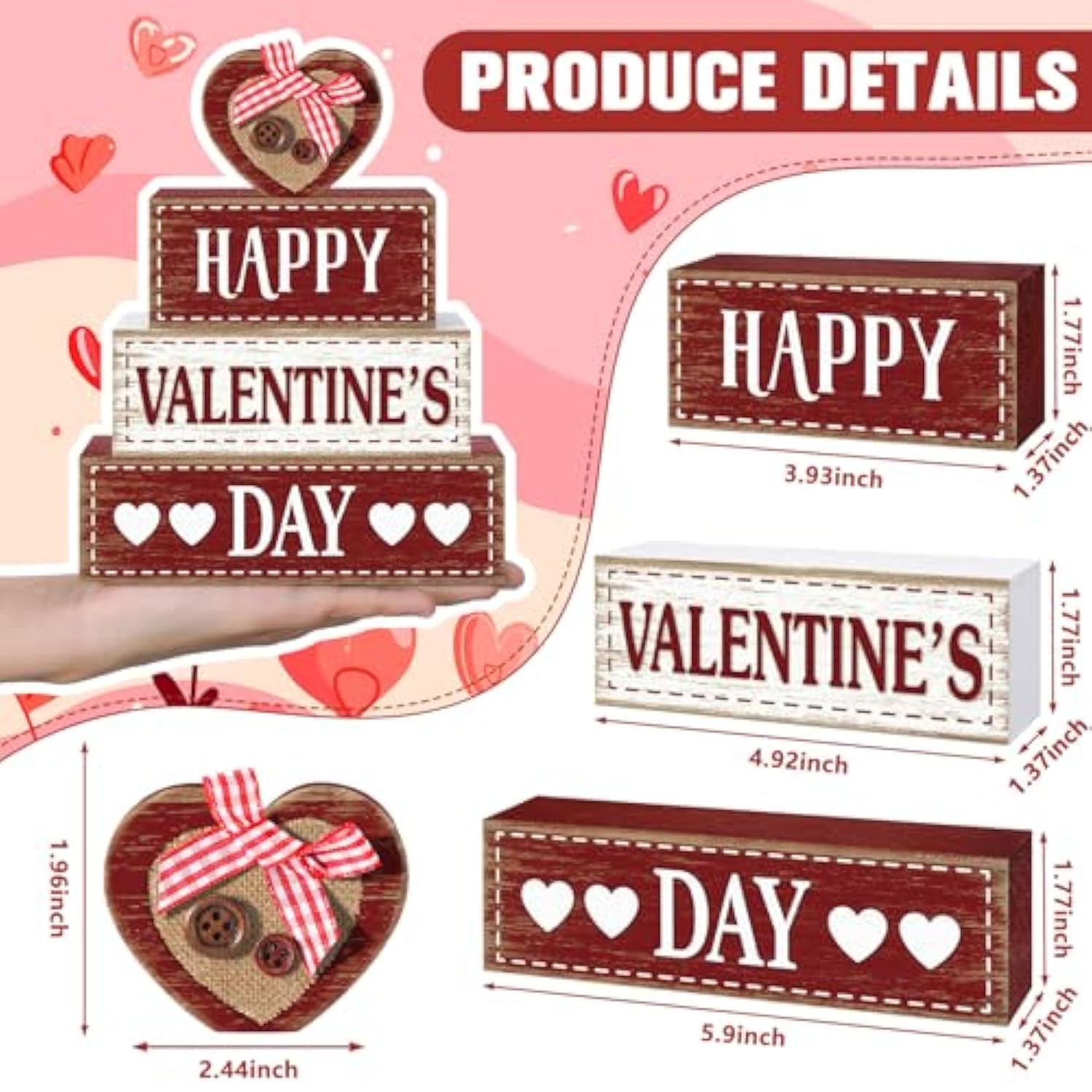 4 Pcs Valentine'S Day Wooden Signs Heart Truck Table Decor Rustic Distressed Valentines Centerpieces Blocks Farmhouse Tiered Tray Decor Valentine Day Decorations For Home Desk Shelf(Heart)