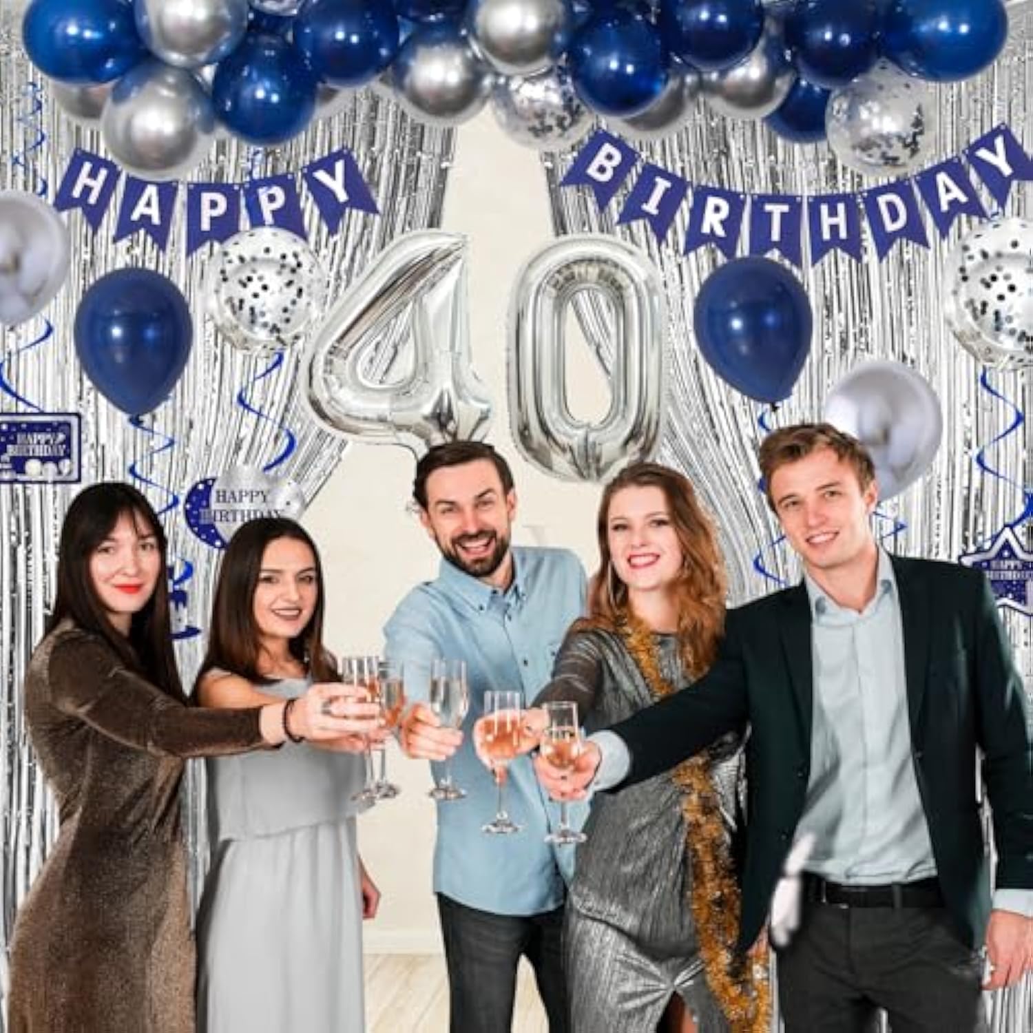 40Th Birthday Decorations For Men, Blue And Silver 40Th Birthday Party Decorations For Him, Happy Birthday Banner 40Th Birthday Balloons Tablecloth Fringe Curtains Hanging Swirls Bday Party Supplies