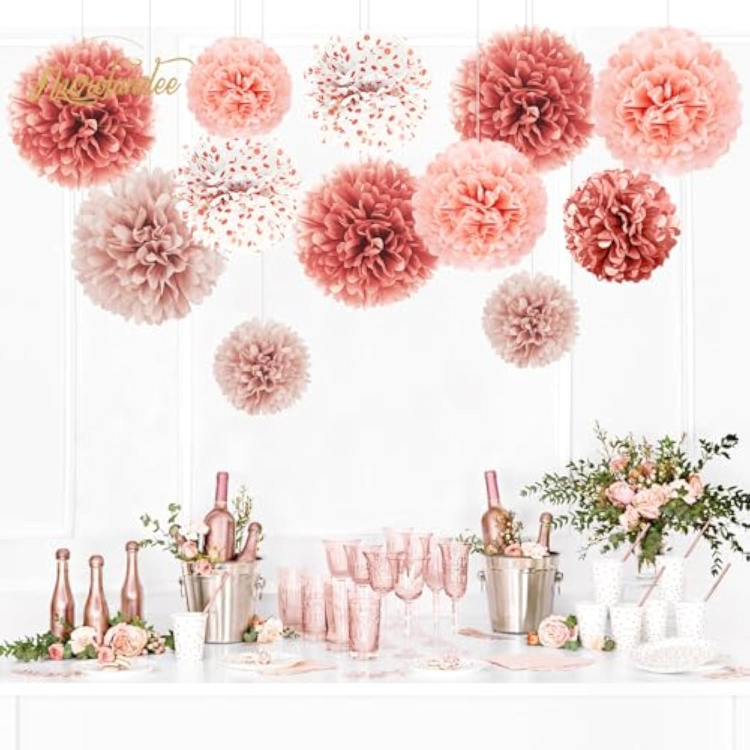 Wedding Decorations - 12 Pcs Rose Gold Tissue Paper Pom Poms For Engagement Party Wedding Birthday Bridal Shower Bachelorette Baby Shower Ceiling Valentine'S Day Party Backdrop Decor