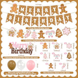 Brown Christmas Birthday Decorations,Cute Gingerbread Man Theme Merry Birthday Banner Gingerbread House Cake Topper Latex Balloons For Christmas Birthday Boys Girls