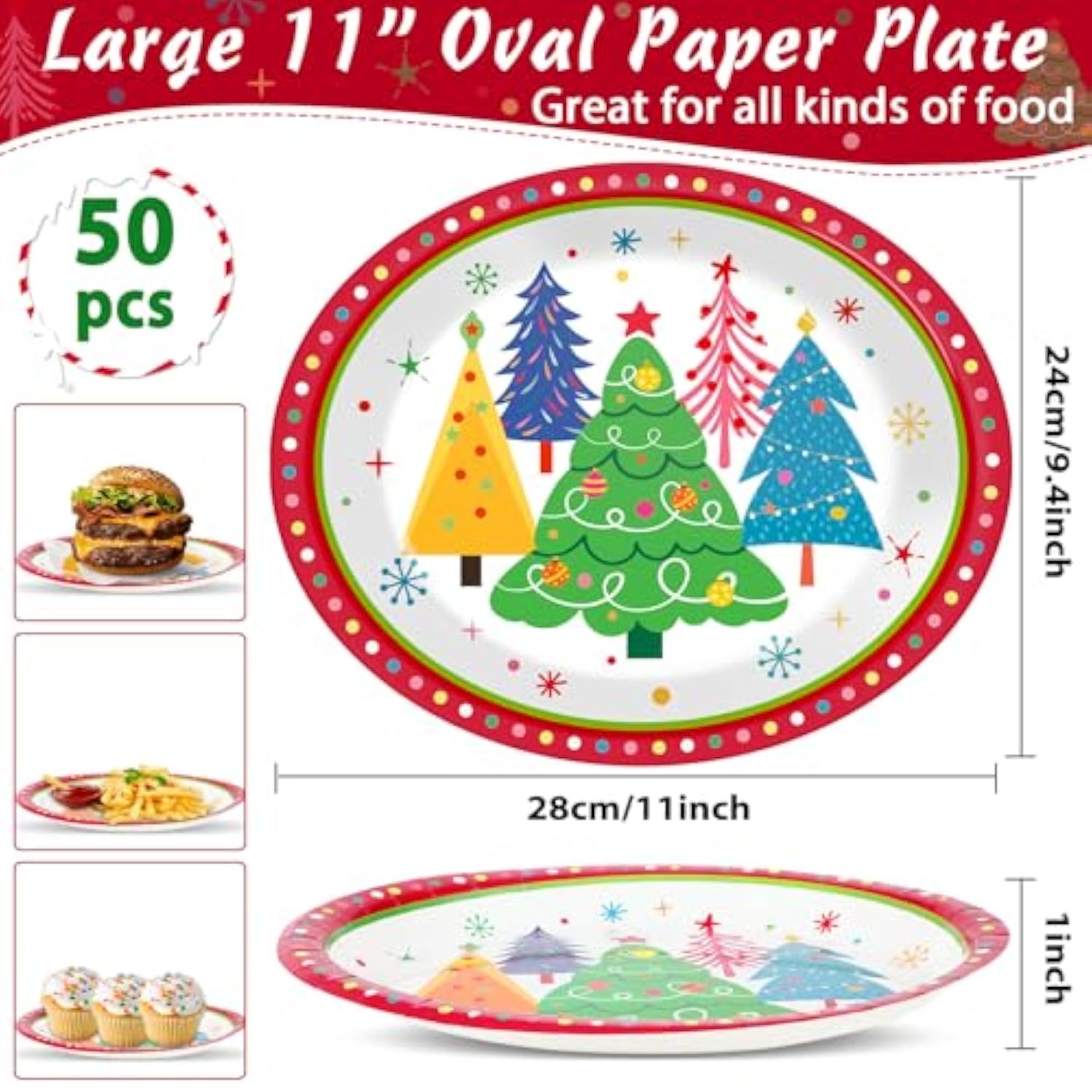 50Pcs Colorful Christmas Tree Plates Disposable Paper Christmas Tree Party Decorations Supplies 11 Inch Oval Plate Platter Dish Tray, Xmas Holiday Tableware Dinnerware