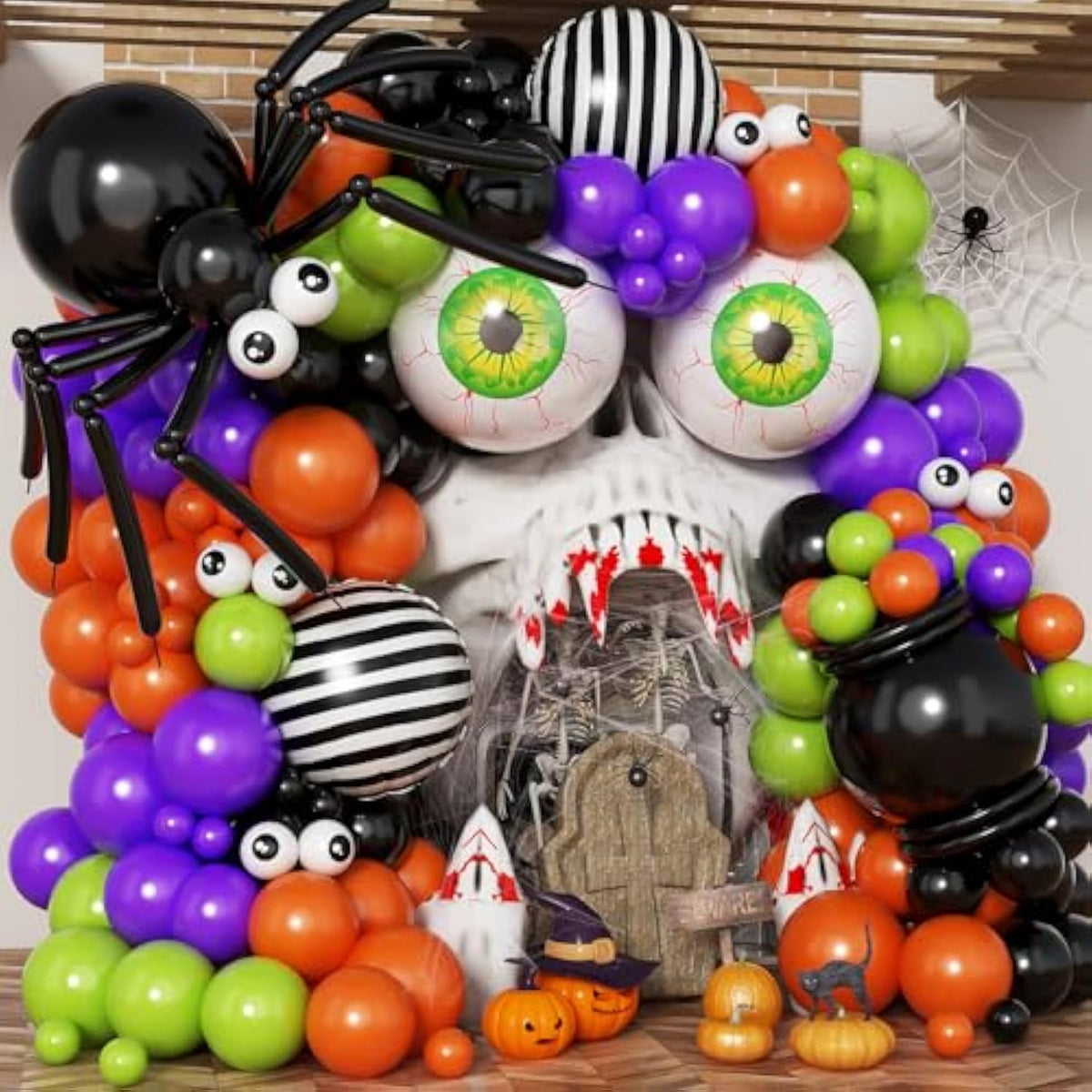 146Pc Halloween Balloon Arch Kit – Purple Green Black Orange with Eyeball Balloon