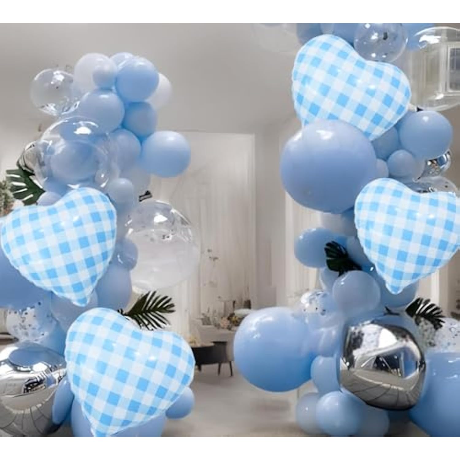4Pcs 18" Blue Heart Checked Balloons Striped Plaid Heart Foil Balloons For Spring Party Decorations Picnic Party Decor Love Theme Birthday Party Wedding Baby Shower Versatile Party Decor