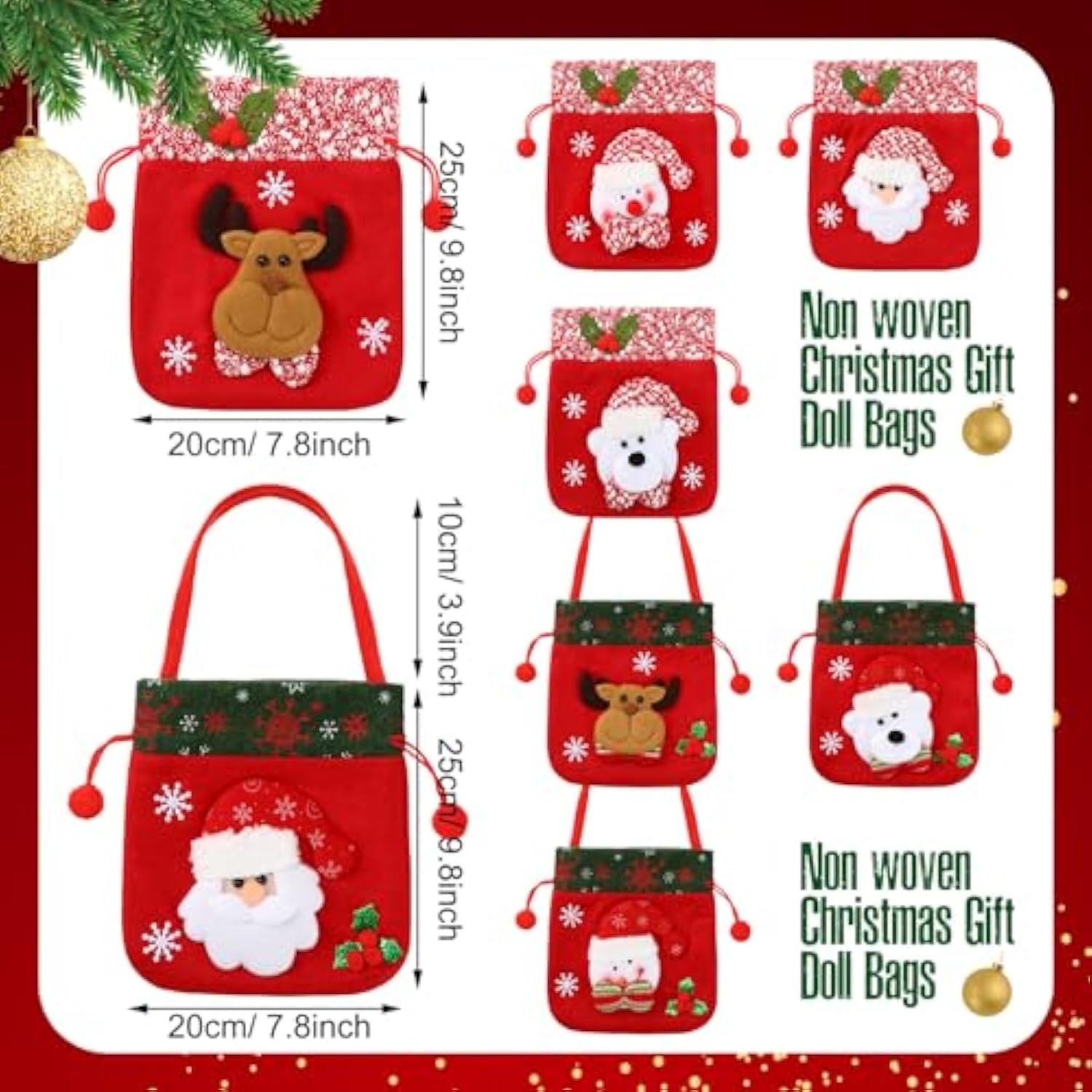12 Pcs Christmas Gift Doll Bags Christmas Eve Apple Bags Reusable Drawstring Gift Bags Elk Bear Santa Claus Snowman Fabric Goody Bag For Christmas Candy Party Favors Holiday Wrapping