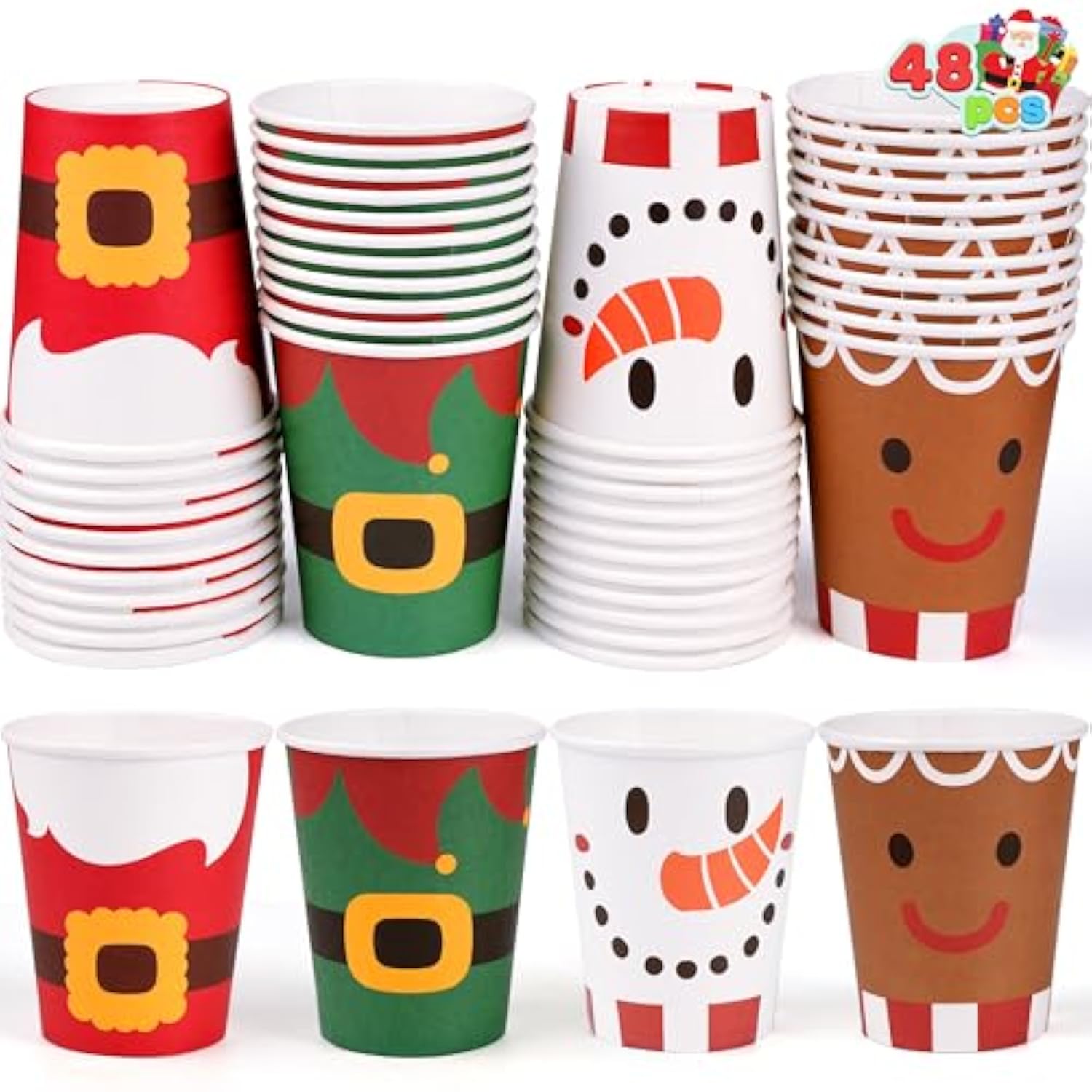 48 Pcs Merry Christmas Disposable Cups, 4 Designs Xmas Drinkware 9 Oz Paper Cup, Snowflake Santa Elk Christmas Cups For Hot Chocolate Coffee Cold Beverage Holiday Tableware Supplies Favors