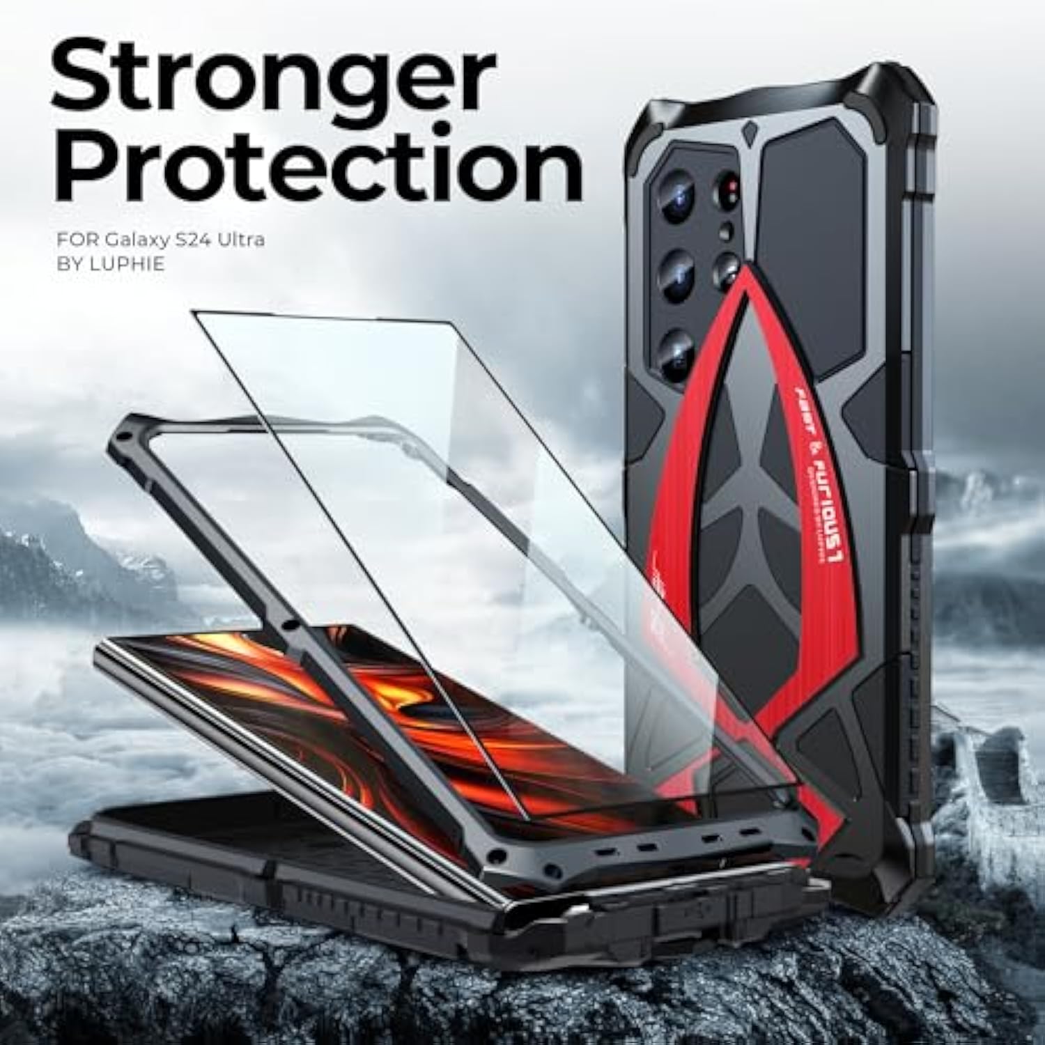 For Samsung Galaxy S24 Ultra Case 2024 Metal Hard Phone Case Cover Case Para Screw(With Soft Screen Protector) Heavy Duty Rugged Military Grade Black Red