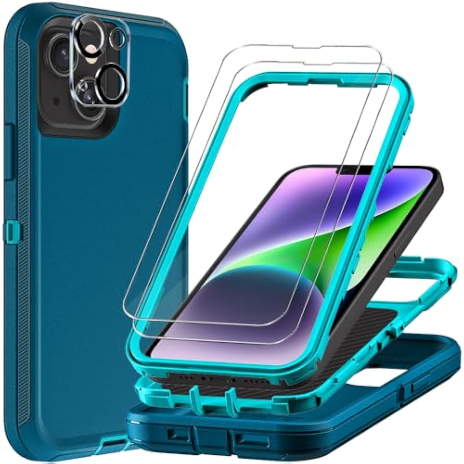 For Iphone 14 Plus Case With 2Pcs Tempered Glass Screen Protector And 1Pcs Camera Lens Protector, Military Grade 3 In 1 Heavy Duty Shockproof/Drop Proof/Dust Proof Case (Blue/Turquoise)