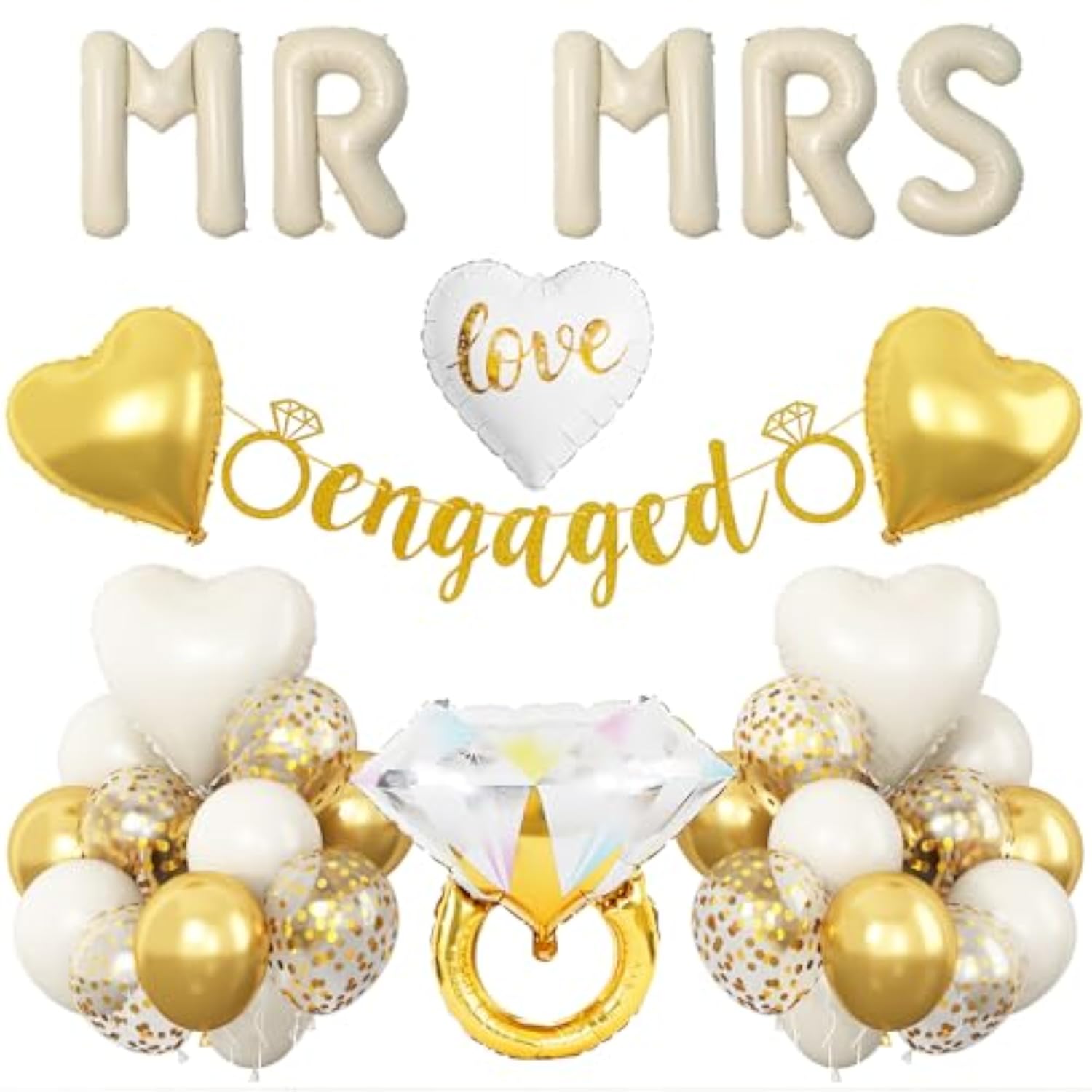 Sand White Engagement Party Decorations, Mr And Mrs Balloons Decor, White Gold Confetti Balloons, Love Heart And Diamond Ring Foil Balloon With Engaged Banner For Wedding Engagement Party Decoration
