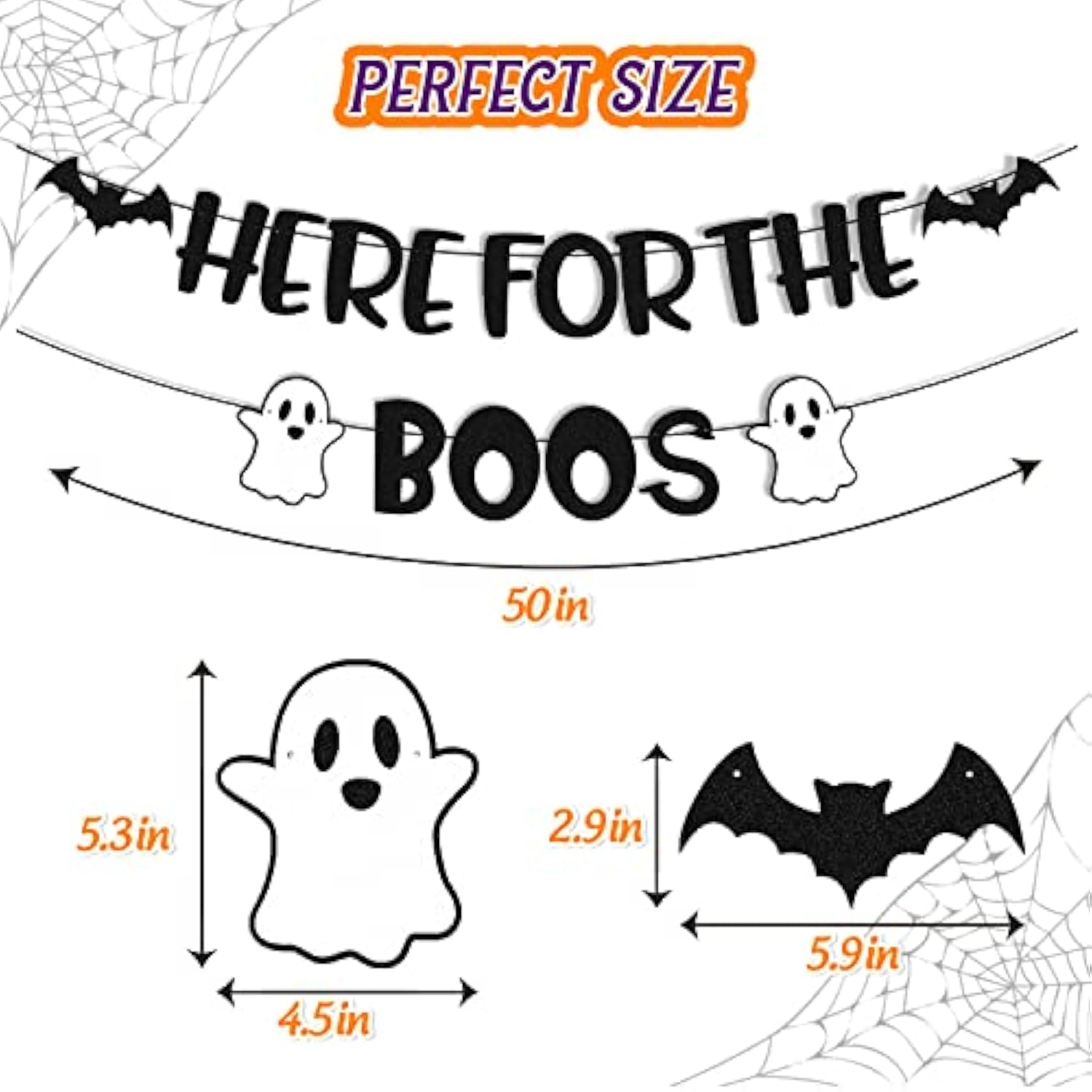 Here for The Boos Banner Halloween Ghost Bat Pumpkin Happy Boo Day Party Decor