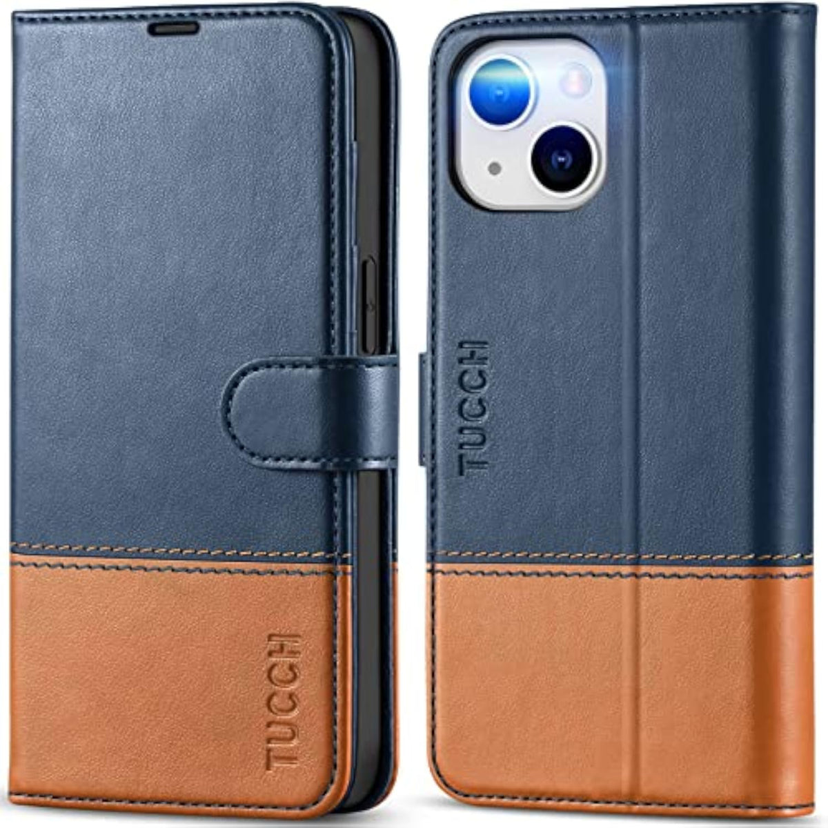 TUCCH Case Wallet for iPhone 14 6.1" RFID Blocking Folio Blue Brown