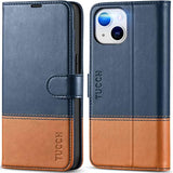 TUCCH Case Wallet for iPhone 14 6.1" RFID Blocking Folio Blue Brown