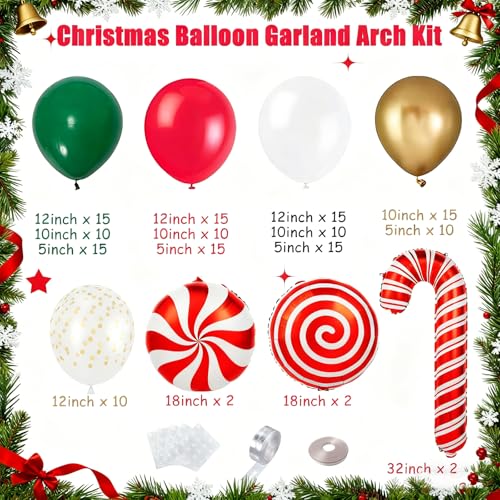 Christmas Balloon Garland Arch Kit, Red Green White Gold Balloons with Large Candy Cane Swirl Mylar Star Foil Balloons for Holiday Xmas Party Decorations