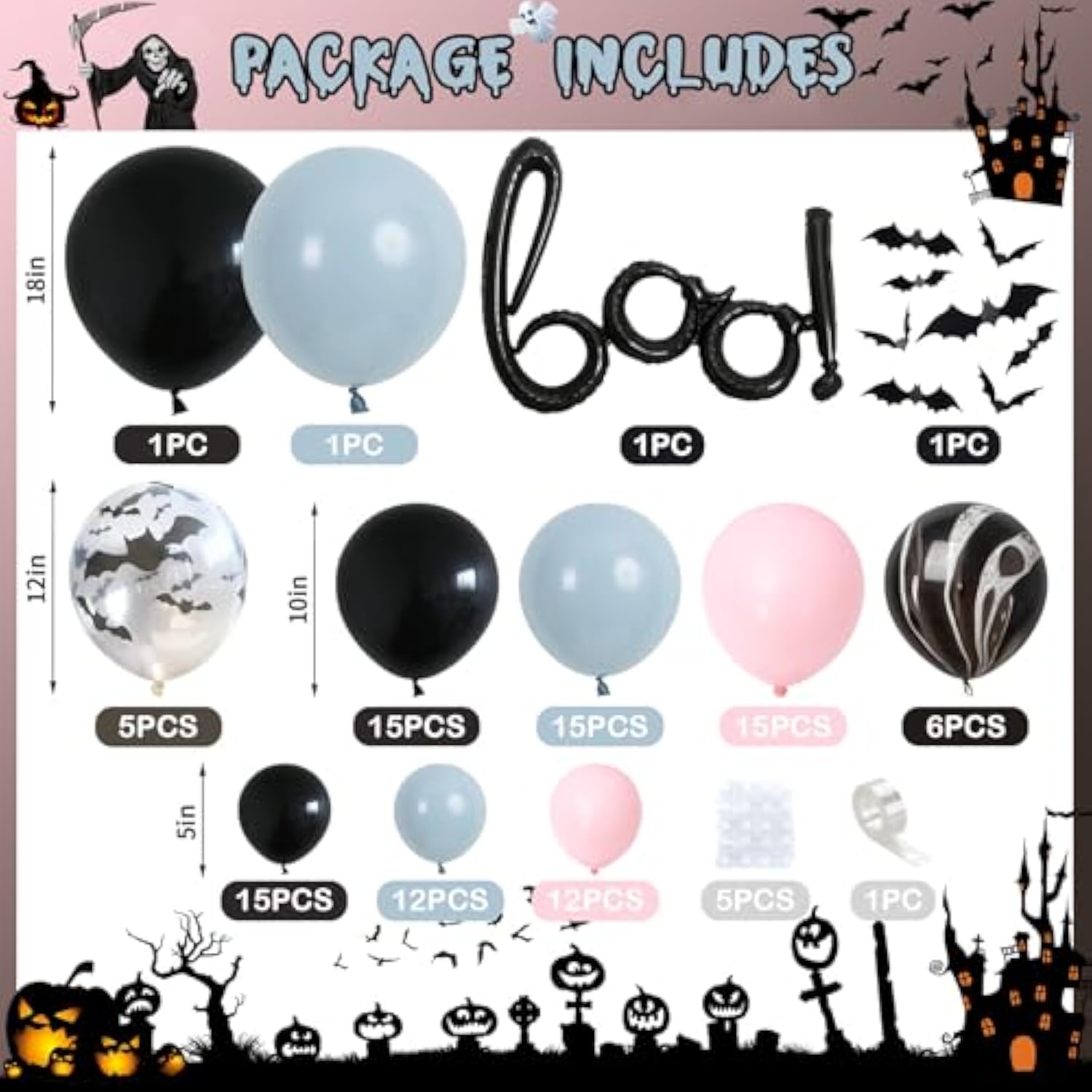 Halloween Balloon Arch Kit – Dusty Pink Blue with BOO Foil & Bat Decorations