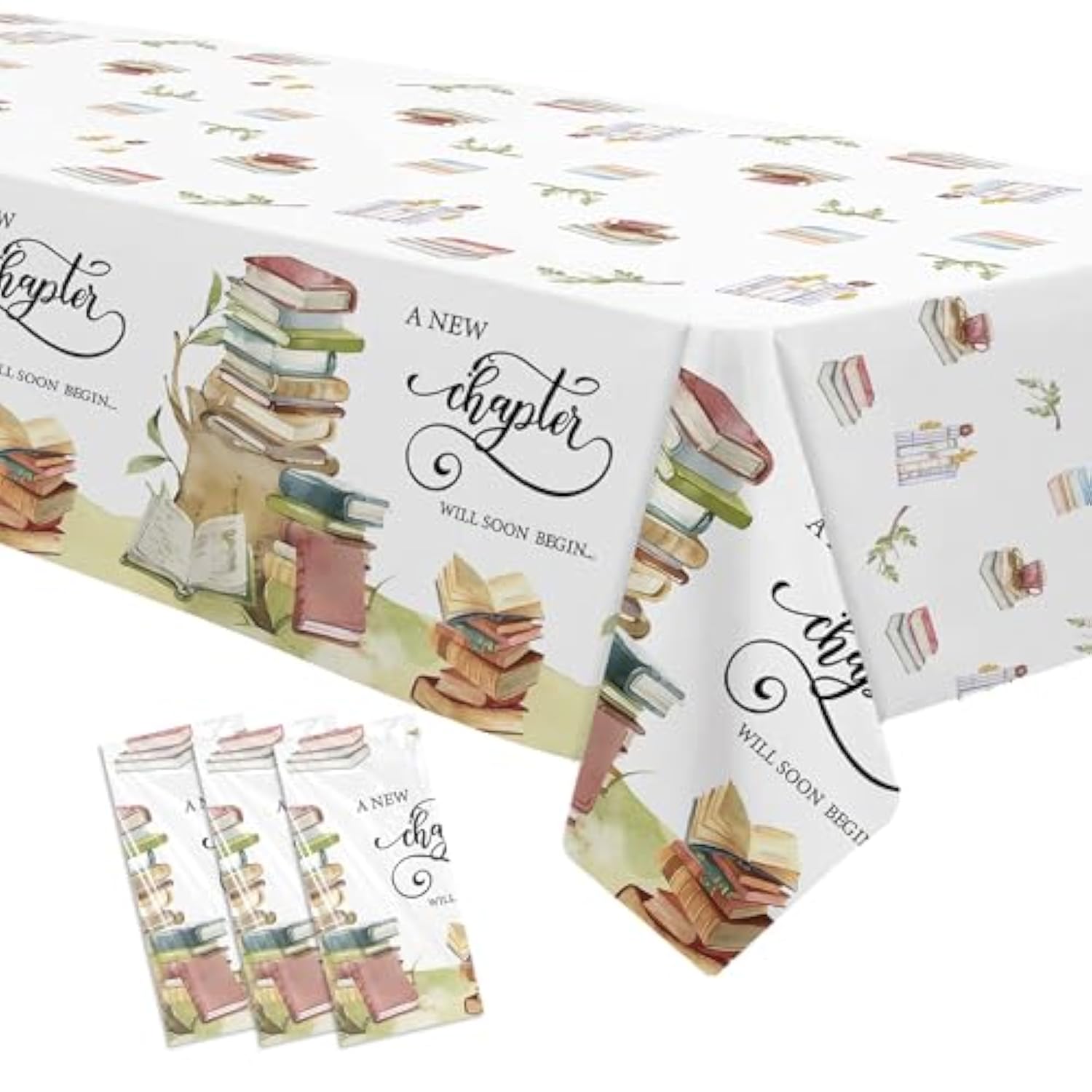 Storybook Baby Shower Decorations Tablecloth - A New Chapter Will Soon Begin Book Theme Party Supplies Table Cover, Library Reading Book Club Decoration Table Cloth - 3Pack (54In X 108In)