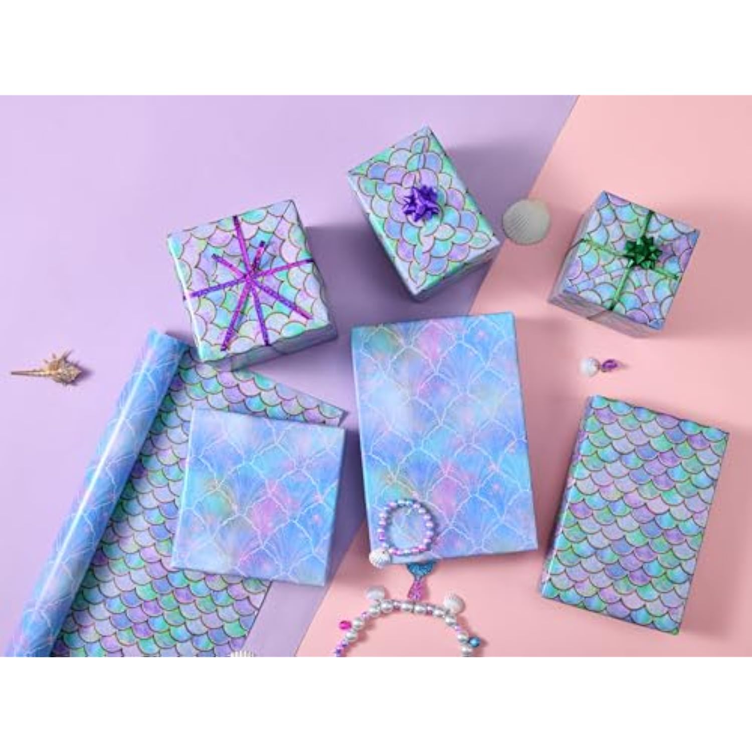 Mermaid Wrapping Paper Roll - Mini Roll 17 Inches X 33 Feet - Birthday Wrapping Paper For Girls, Little Mermaid Wrapping Paper For Girls Birthday Christmas Holiday,