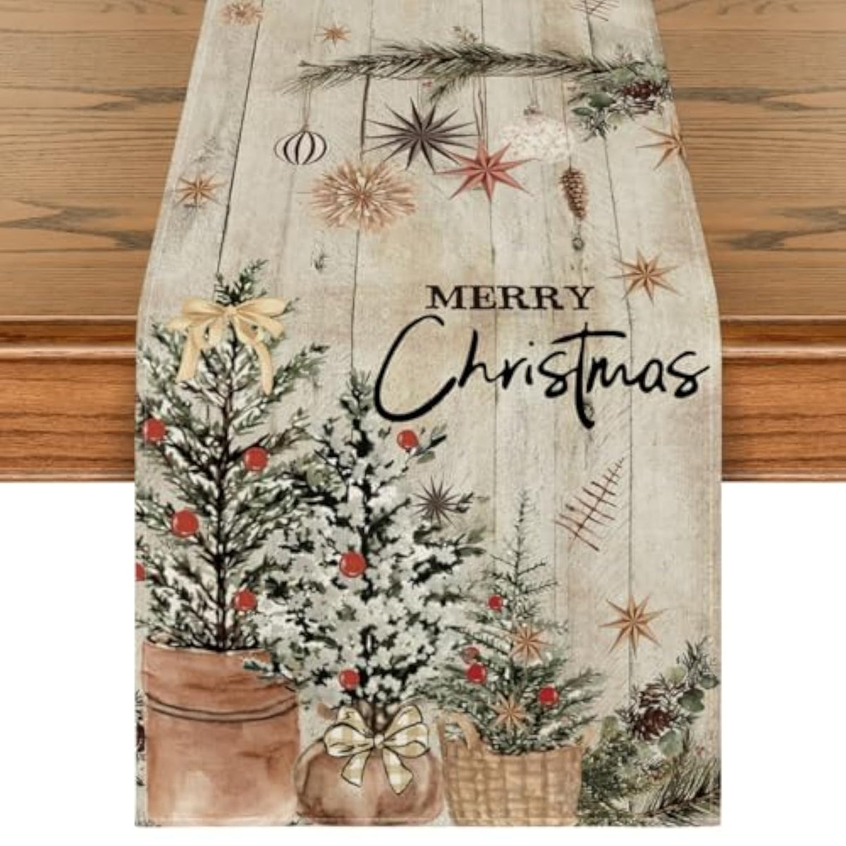 Xmas Trees Holly Pine Cone Christmas Table Runner, Seasonal Winter Wood Kitchen Dining Table Decoration For Home Party Decor 13X72 Inch