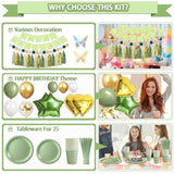 222 Pcs Sage Green Happy Birthday Decorations, Birthday Decorations For Women Or Girl Kit- Disposable Dinnerware Set With 25 Guest, Balloons, Sash, Tiara, Banner, Paper Pom Poms