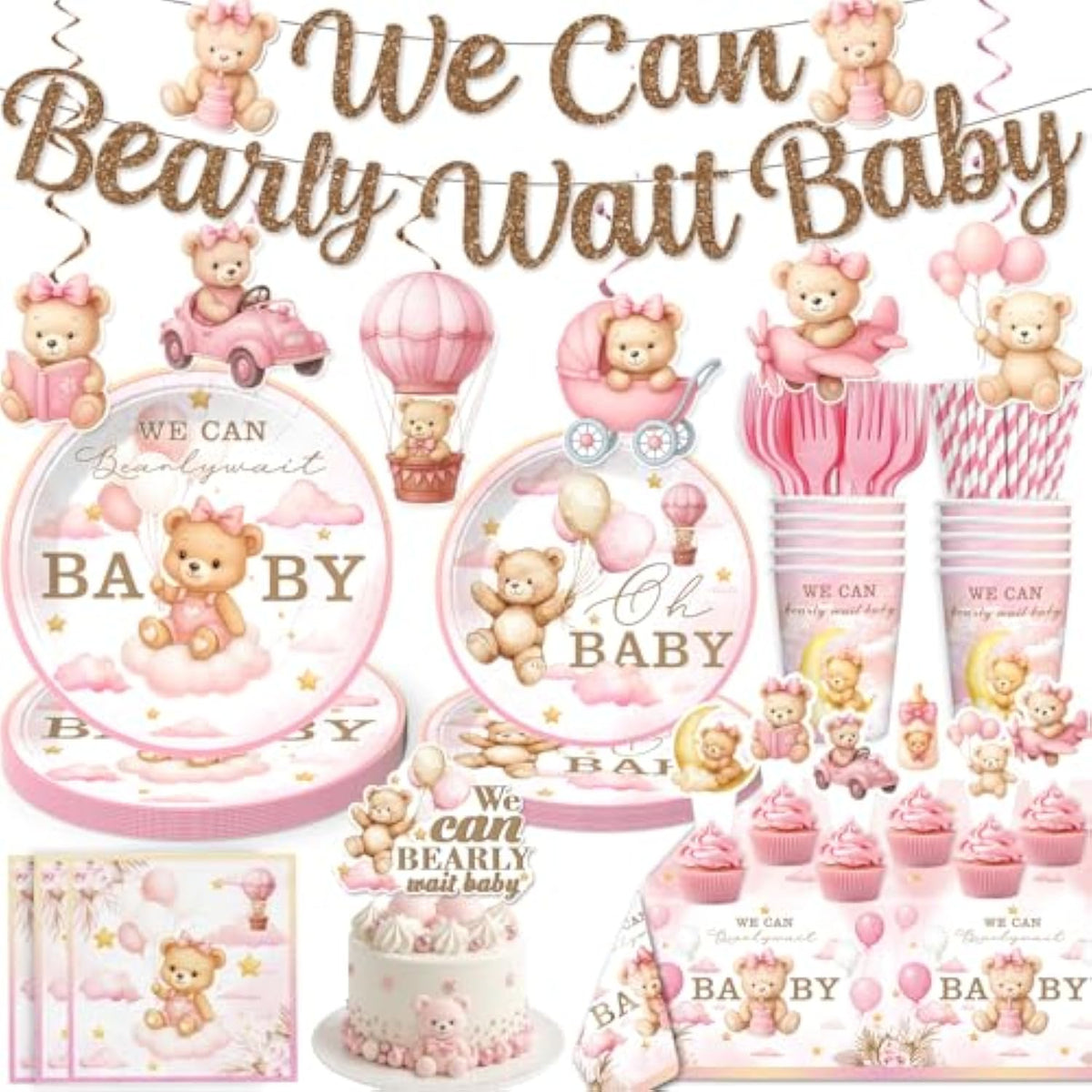 152 Pcs Pink Bearly Wait Baby Shower Decorations, Bear Baby Shower For Girl Tableware Set, With Banner, Cake Topper, Plates And Tablecloths, For Baby Girl Shower Decorations Pink, Serves 20