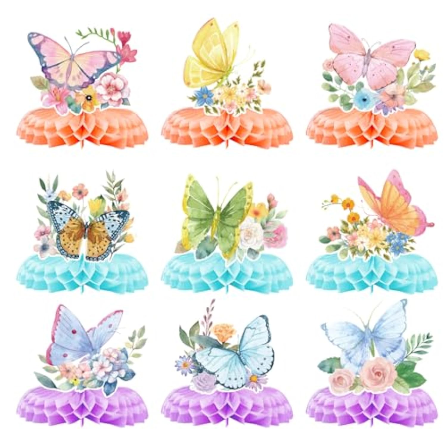 9Pcs Spring Honeycomb Table Centerpieces, Butterfly & Flower Design Honeycomb Center Pieces For Birthday Baby Shower Party Favors & Table Decor Supplies