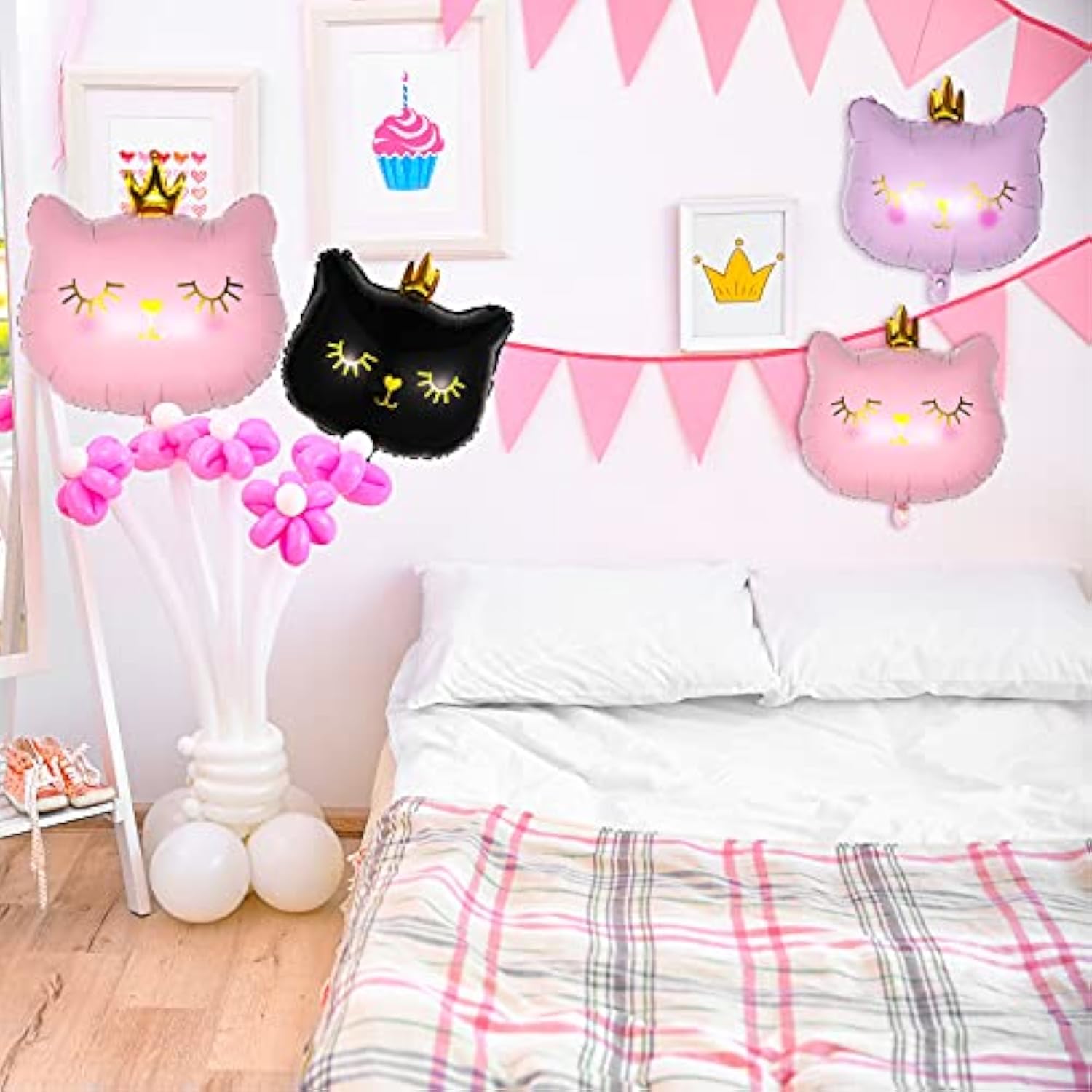8Pcs Crown Cat Foil Balloons Pink & Black Kitty Birthday Animal Themed Party Decorations