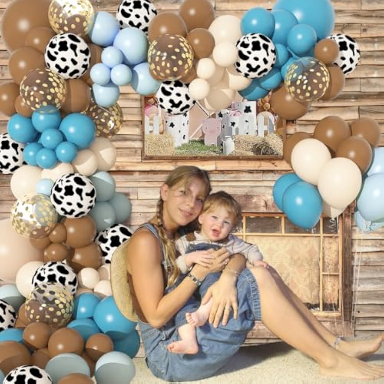 170pcs Blue Cowboy Balloon Arch Kit with Cow Print & Confetti for Baby Shower