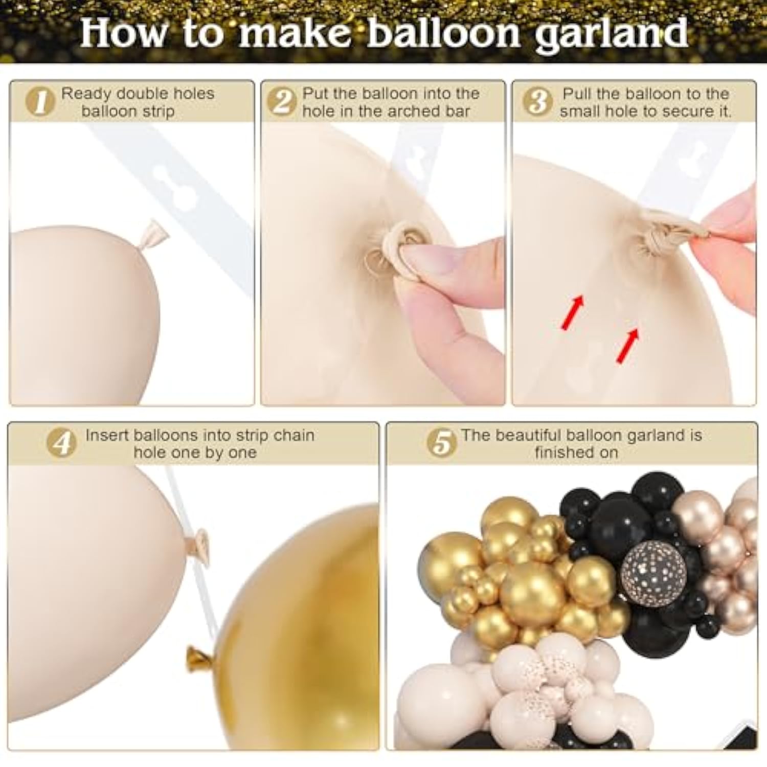 145Pcs Black And Gold Balloons Garland Arch Kit, 18''12''5'' White Sand Metallic Champagne Balloon With Star Foil Balloons For Birthday Baby Shower Boho Wedding Graduation Party Decorations