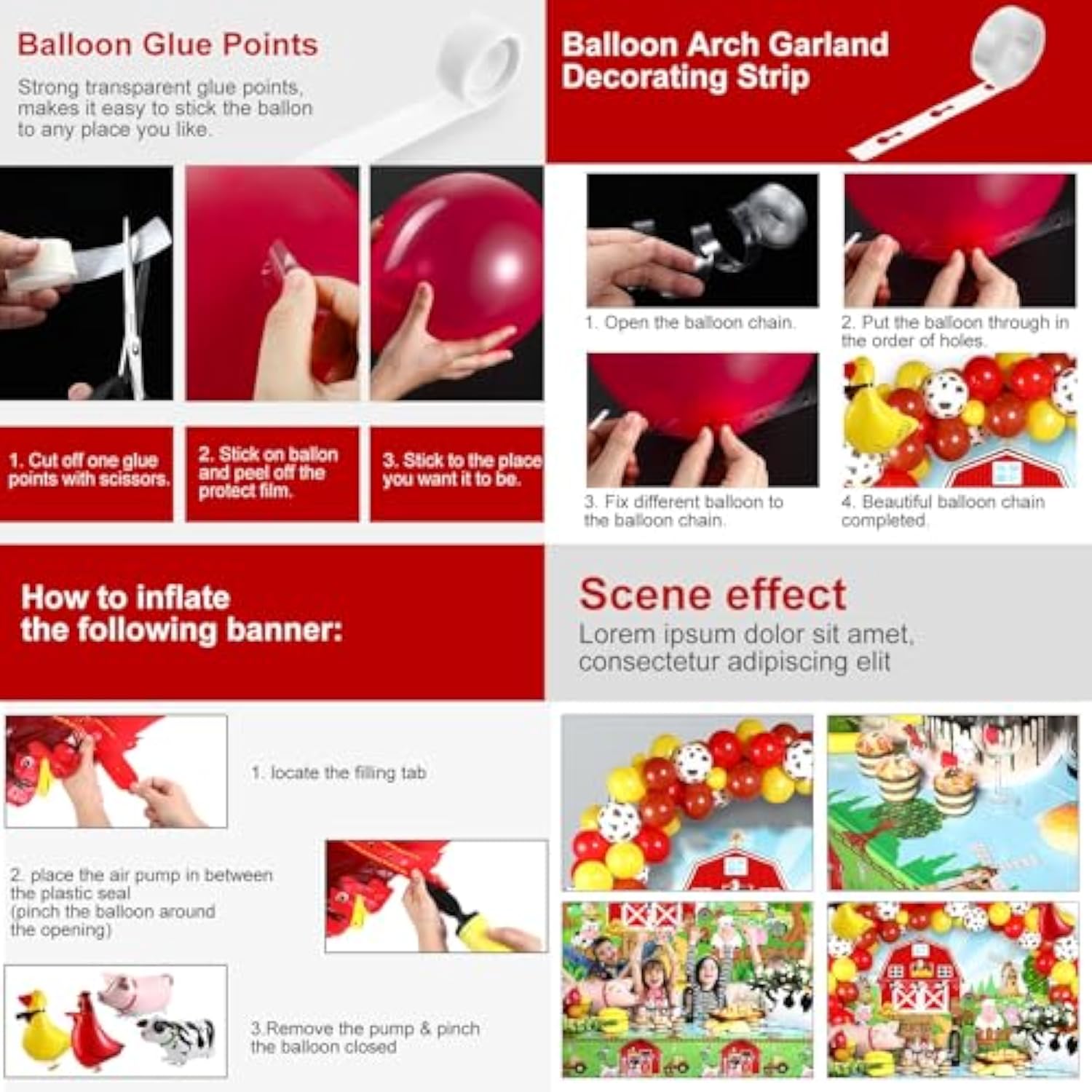 Farm Animals Theme Party Decorations Farm Barn Backdrop Banner Farmhouse Animals Decor Tablecloth Balloon Arch Garland Kit For Birthday Photography Baby Shower Party Supplies(Red)