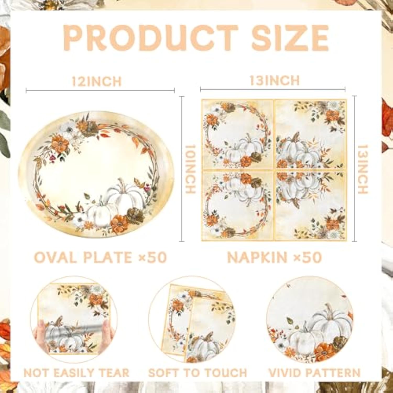 White Pumpkin Paper Plates And Napkins Serve 50, Boho Oval Fall Plates 10" X 12" With 6.5" Napkins Floral Autumn Tableware Fall Party Decorations For Birthday Baby Shower Bridal Shower Thanksgiving