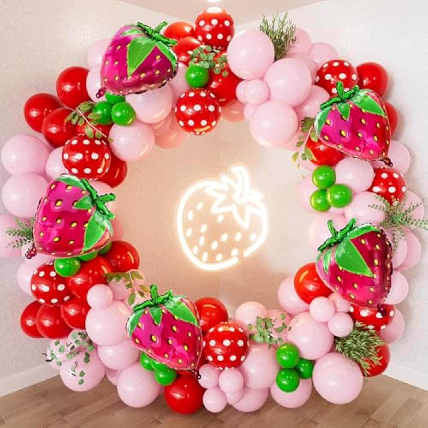 Strawberry Balloon Arch Kit 130 Pcs Red, Pink & Green Balloons for Berry First Birthday