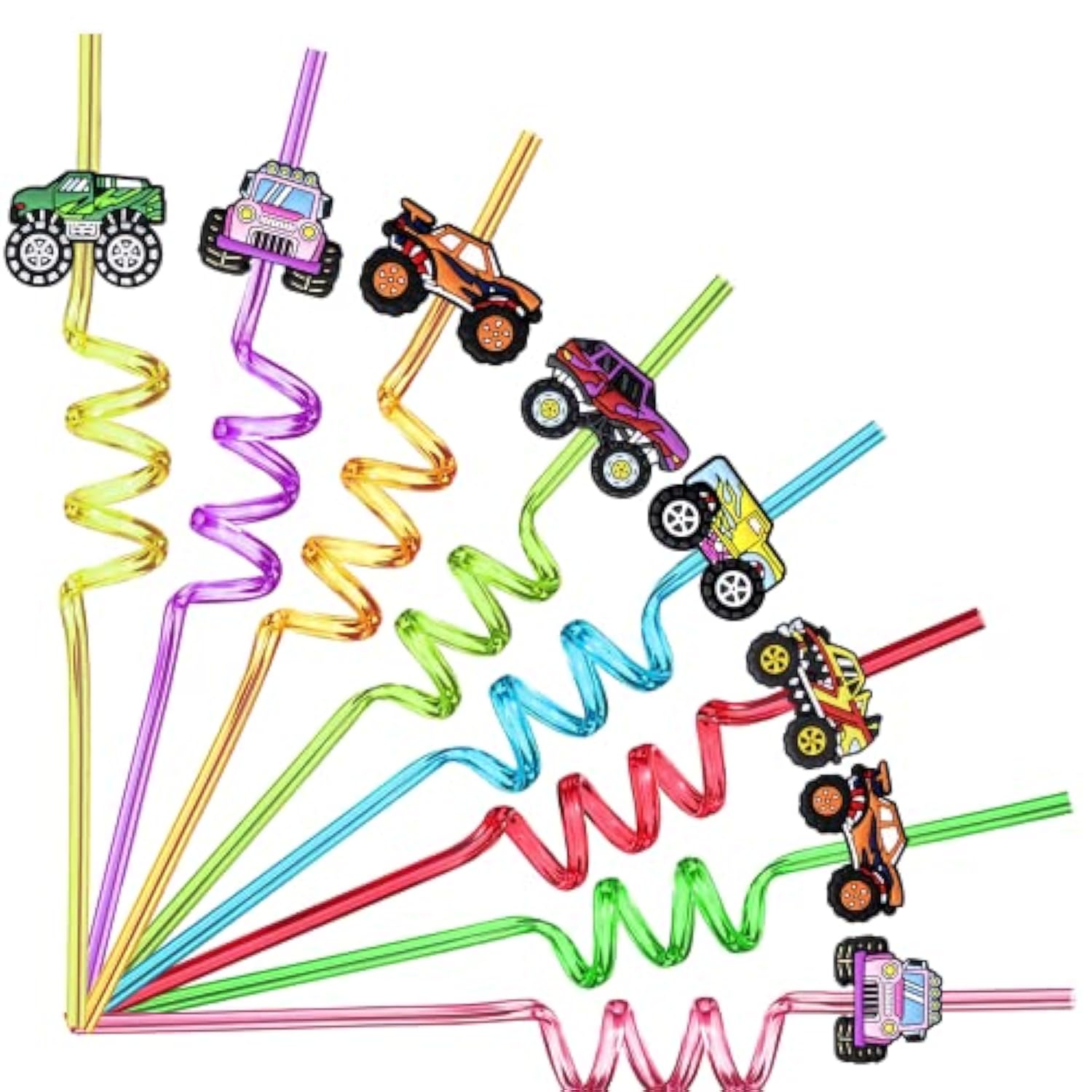 24 Monster Truck Party Car Reusable Styling Straws For Monster Truck Car Birthday Party Supplies With 2 Cleaning Brushes